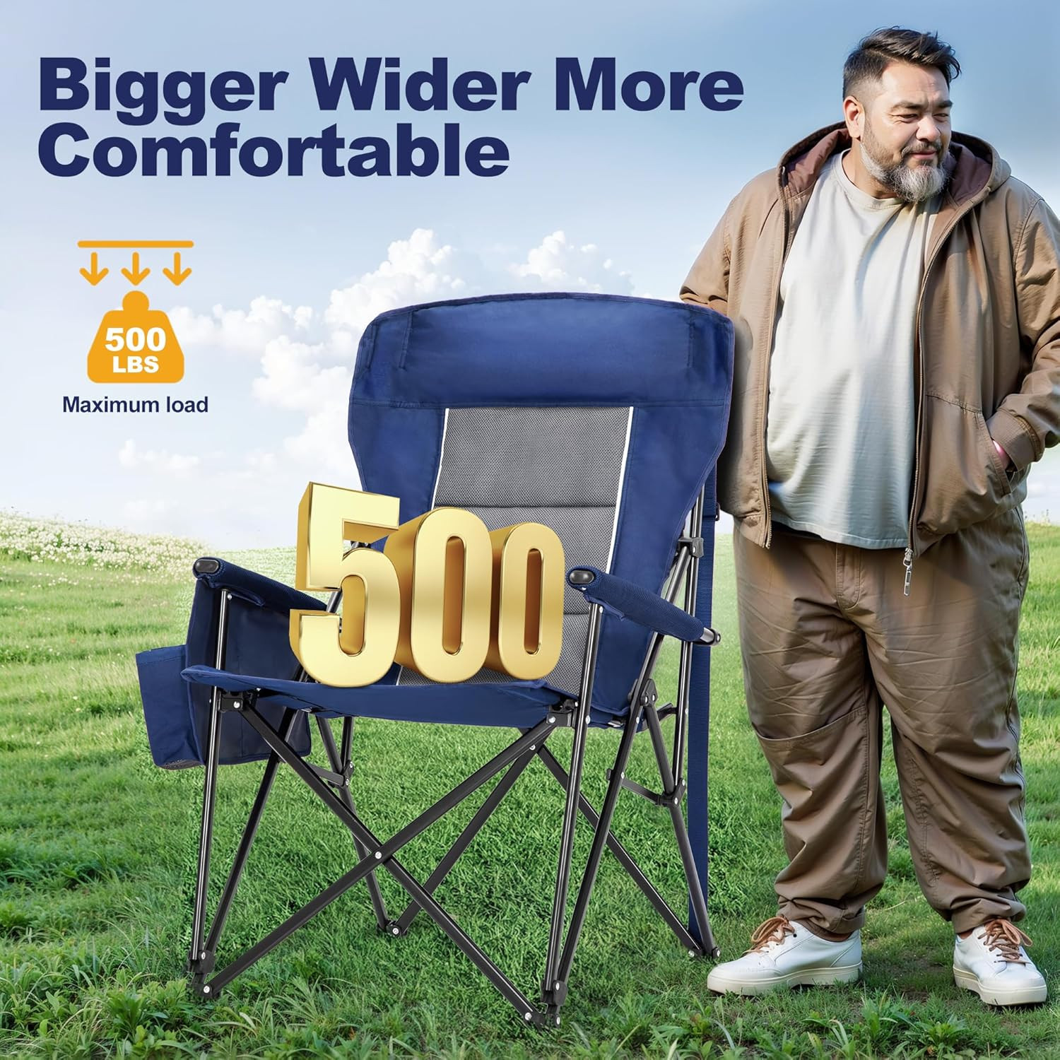 Oversized Camping Chairs 29.52" High Back Heavy Duty Lawn Chair Support 500LBS,