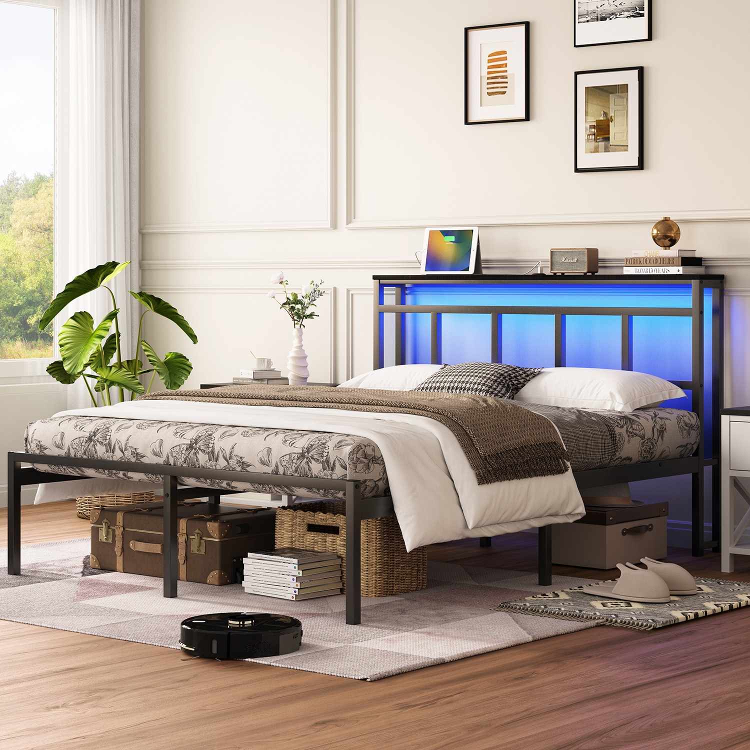 Black Metal Queen Bed Frame with Headboard Storage & LED Light