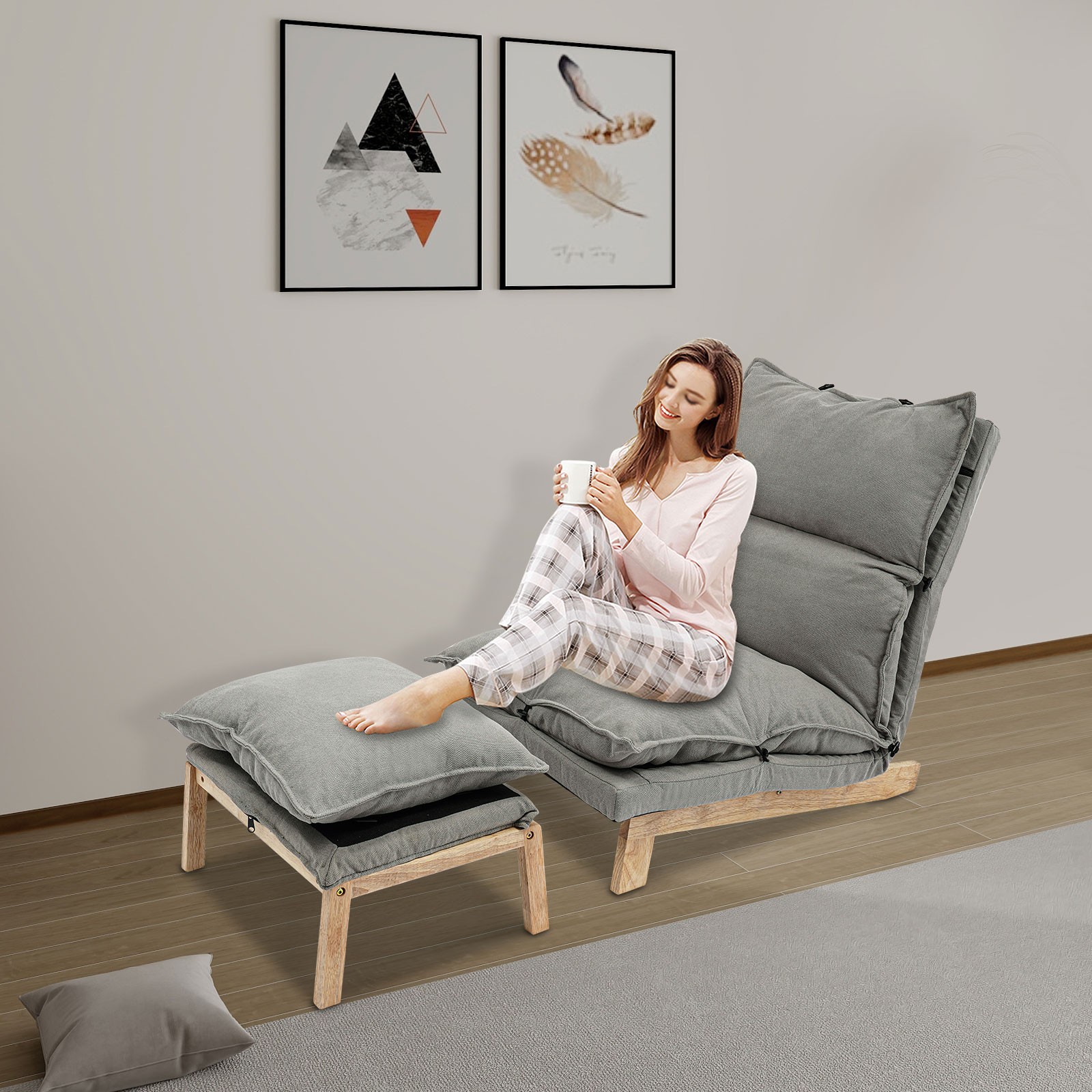 Grey Lounge Chair Single Lazy Sofa Leisure Balcony Adjustable Recliner USA
