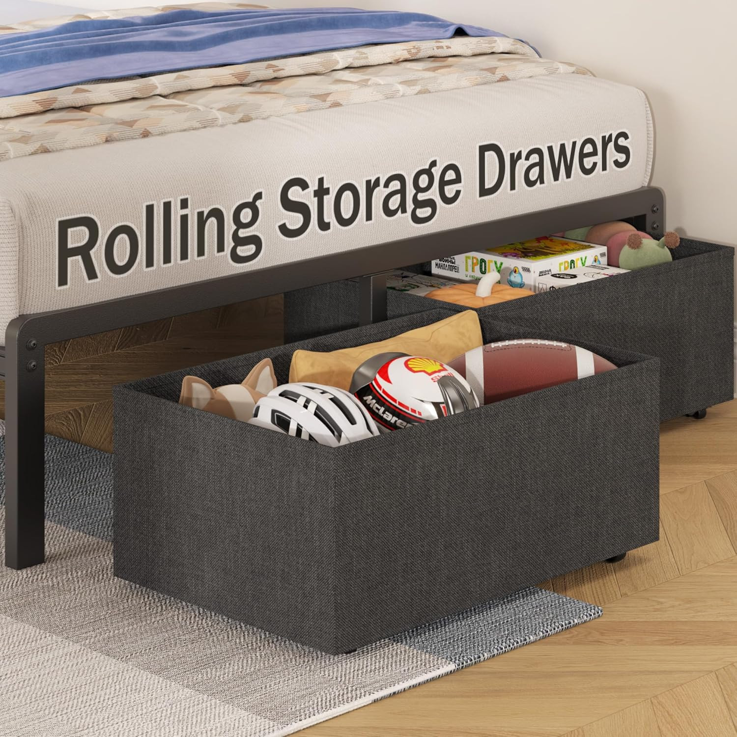 Twin Bed Frame with Charging Station, LED Lights & 2 Storage Drawers, Grey Platf