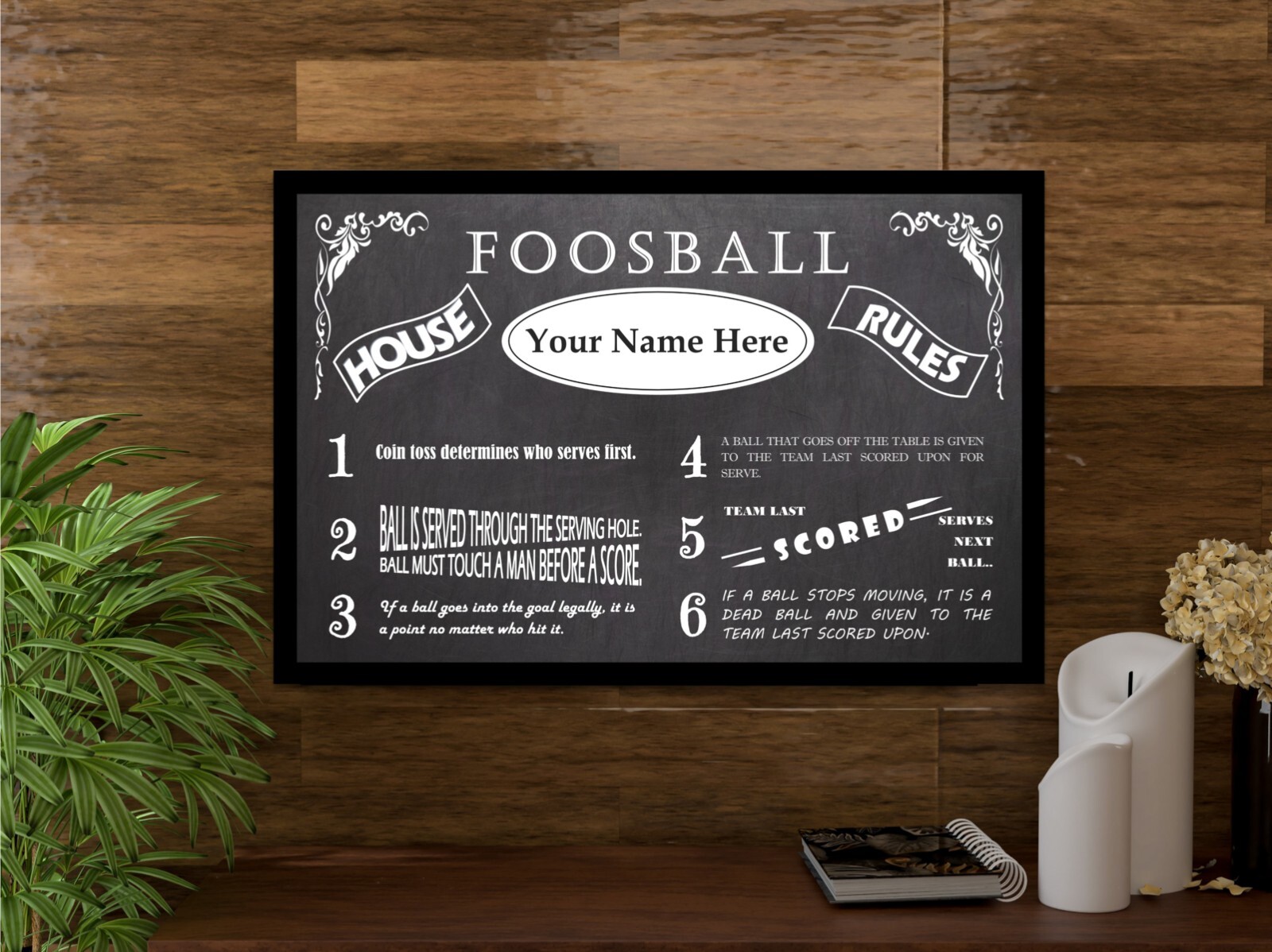 PERSONALIZED VINTAGE CHALKBOARD LOOK FOOSBALL RULES POSTER - FRAMED