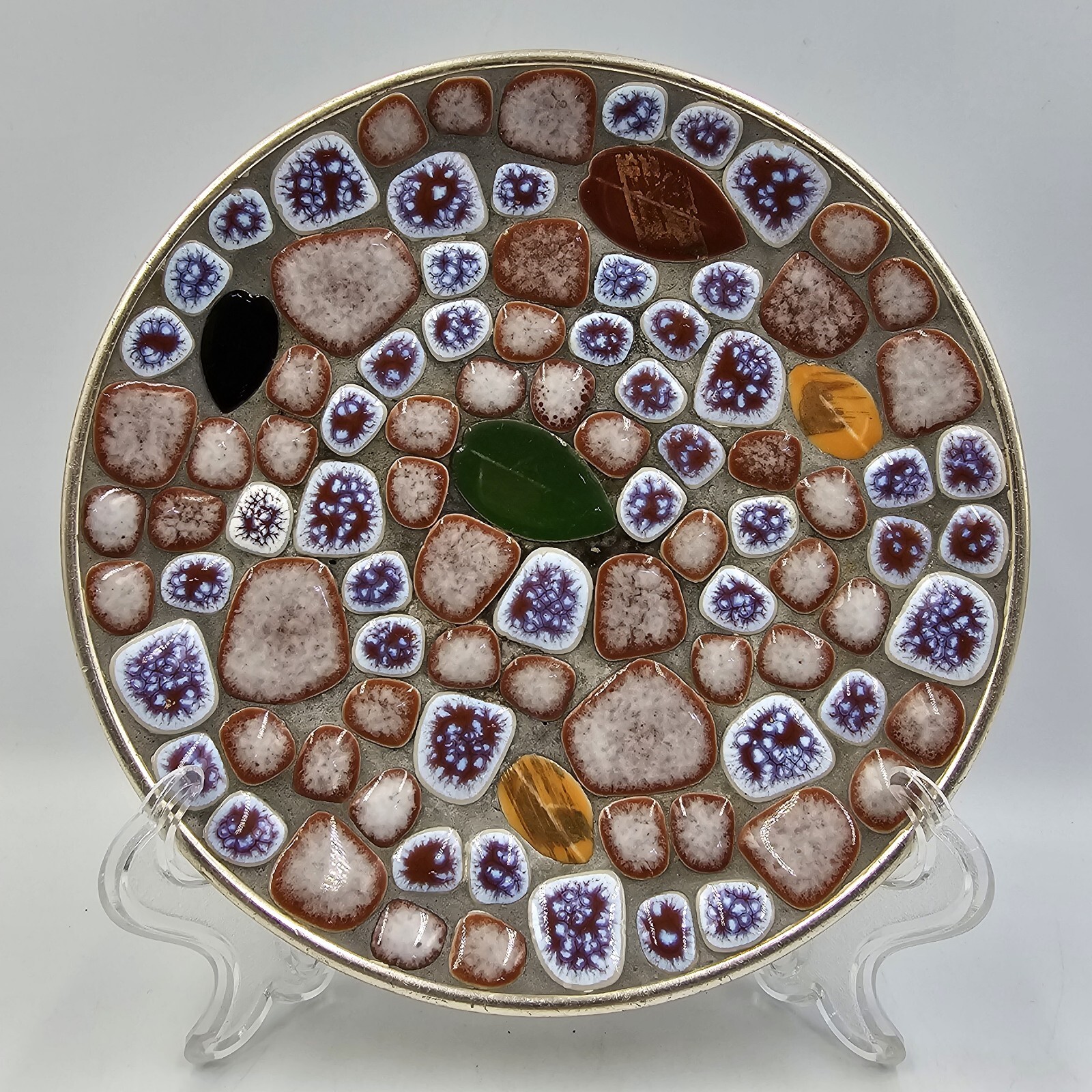Vintage 1960s Mosaic Ceramic Stone Pebble Inlay Trinket Dish Plate Metal 7" Bowl