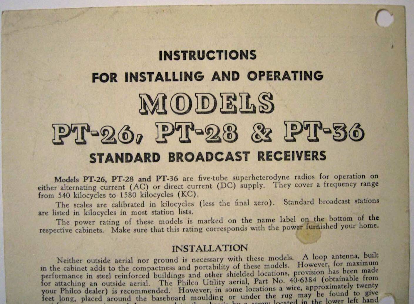 PHILCO ® Models PT-26 PT-28 PT-36 Radio Service Sheet - 2 Pages - © 1939 - New