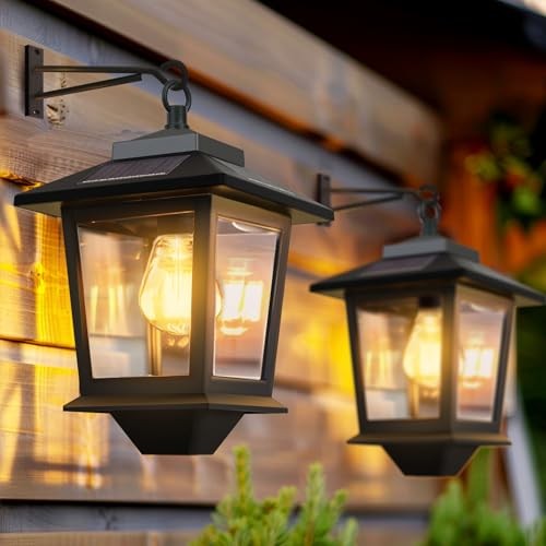 Solar Wall Lanterns with Replaceable Bulb,Outdoor Hanging Lights 2 Pack Black