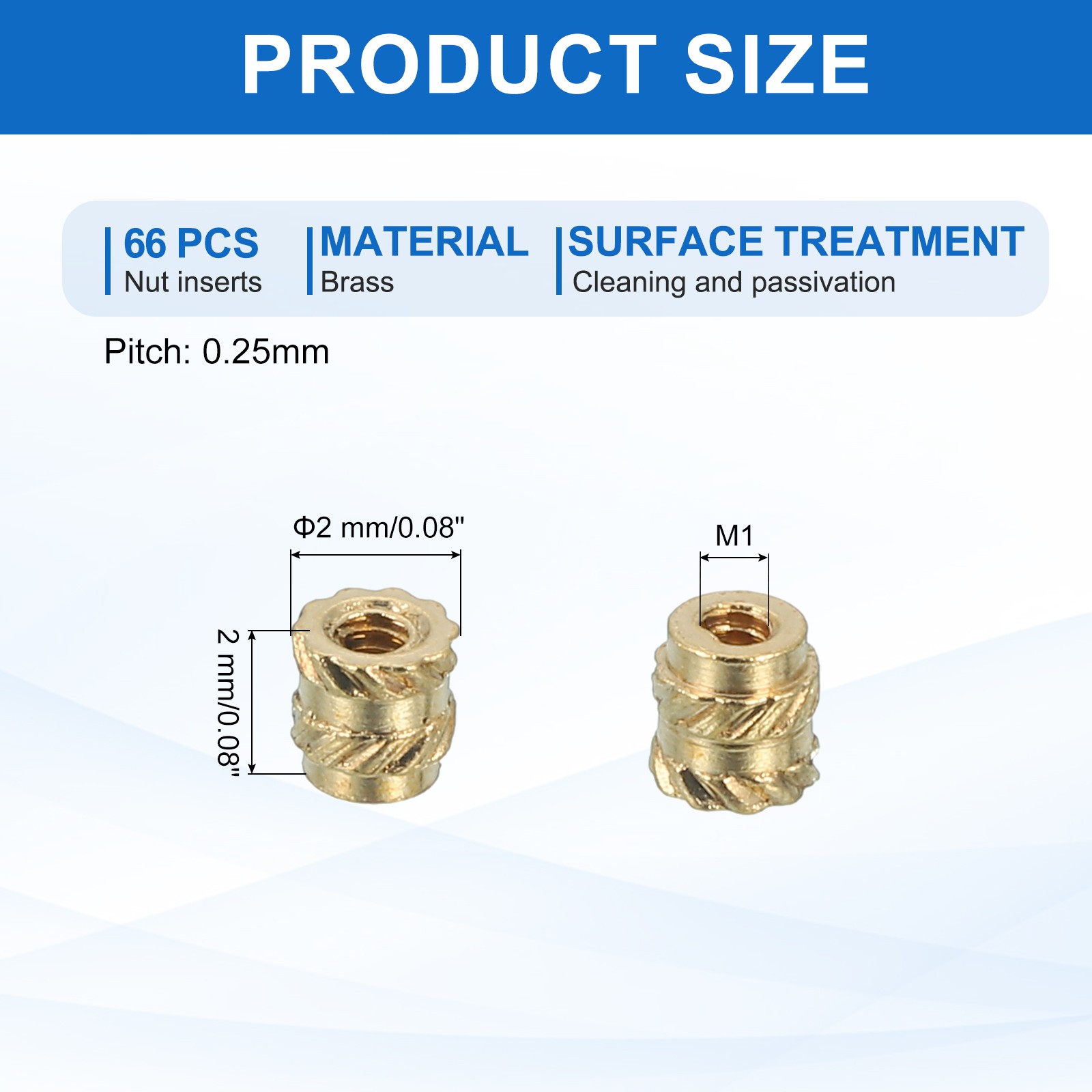66 Pcs Threaded Inserts, M1 Brass Heat Set Insert for Plastic, M1x2x2mm