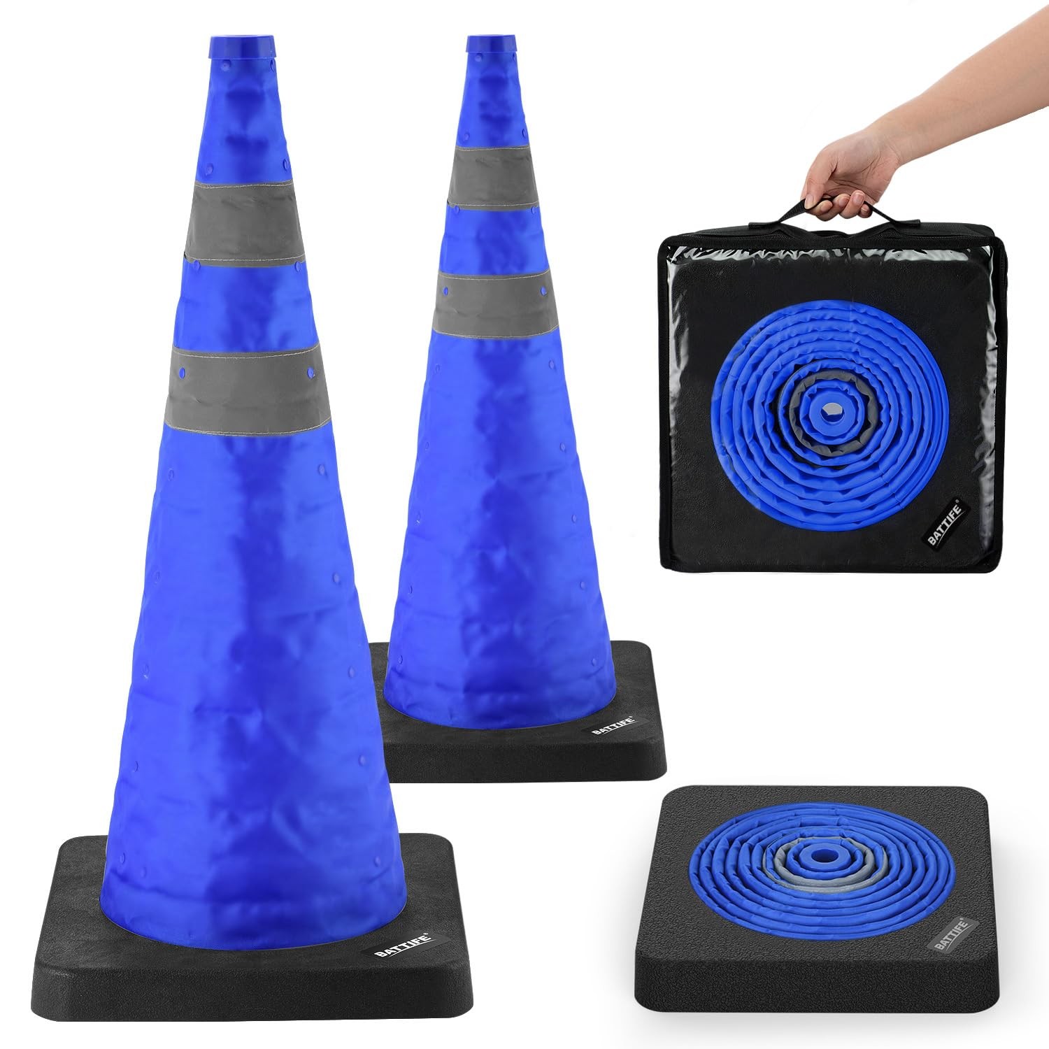 BATTIFE 2 Pack 28 Inch Collapsible Traffic Safety Blue Cones Weighted Base