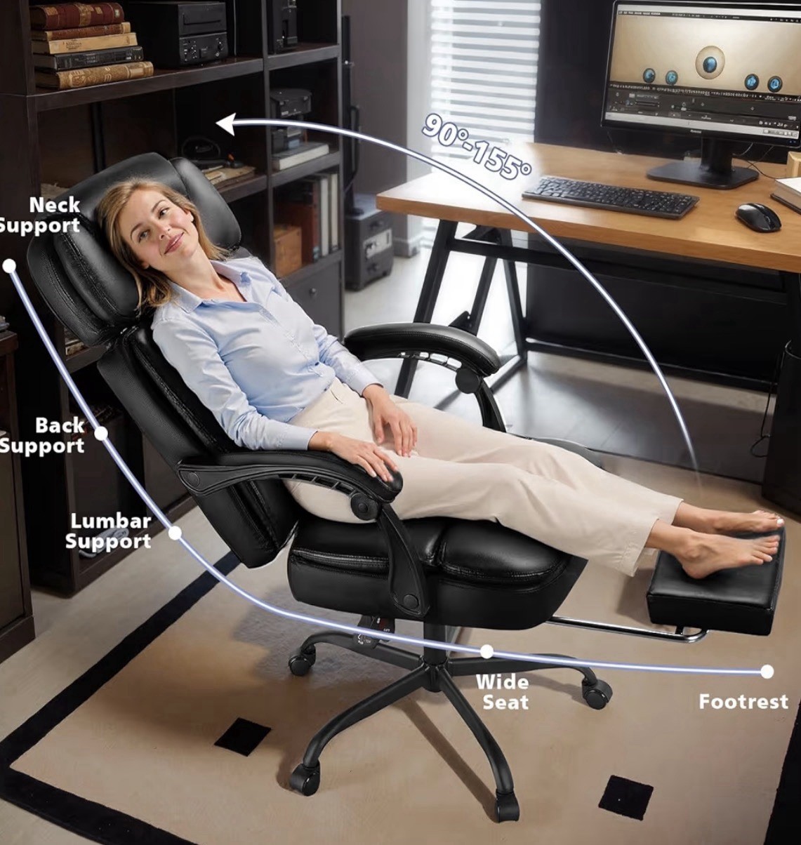 WAILOR Reclining Office Chair Ergonomic PU Leather Adjustable Headrest Footrest