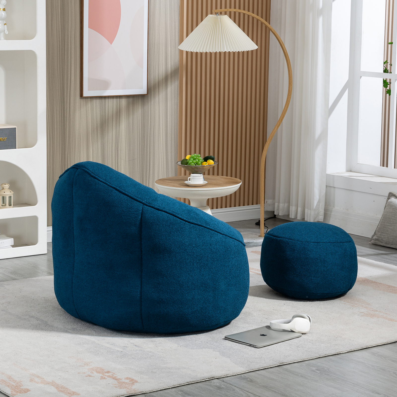 Bean Bag Sofa Chair High Pressure Foam Bean Bag Chair with Padded Footrest Blue