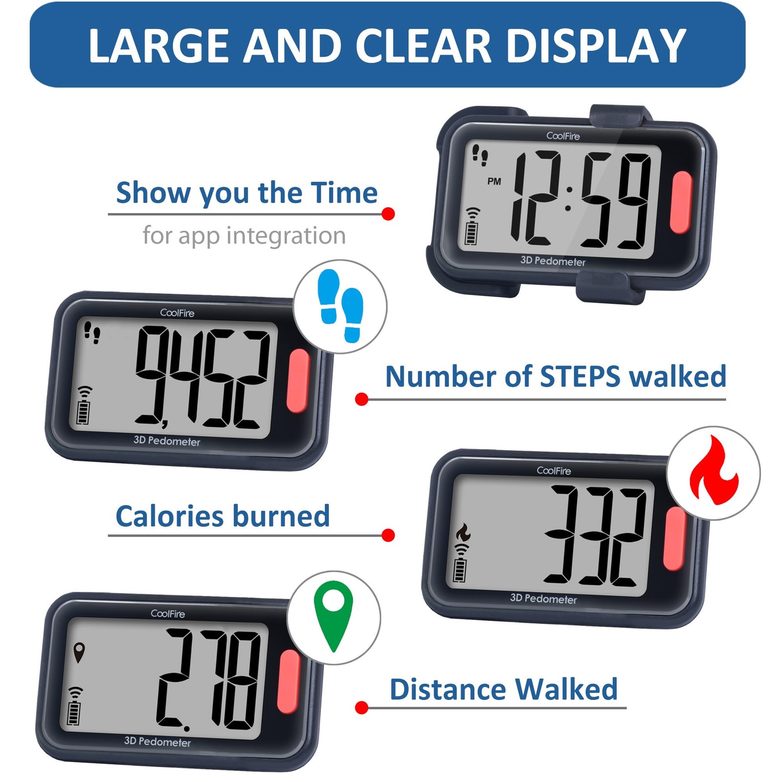 CoolFire - Clip-On 3D Pedometer Step Counter for Walking Steps, mat black