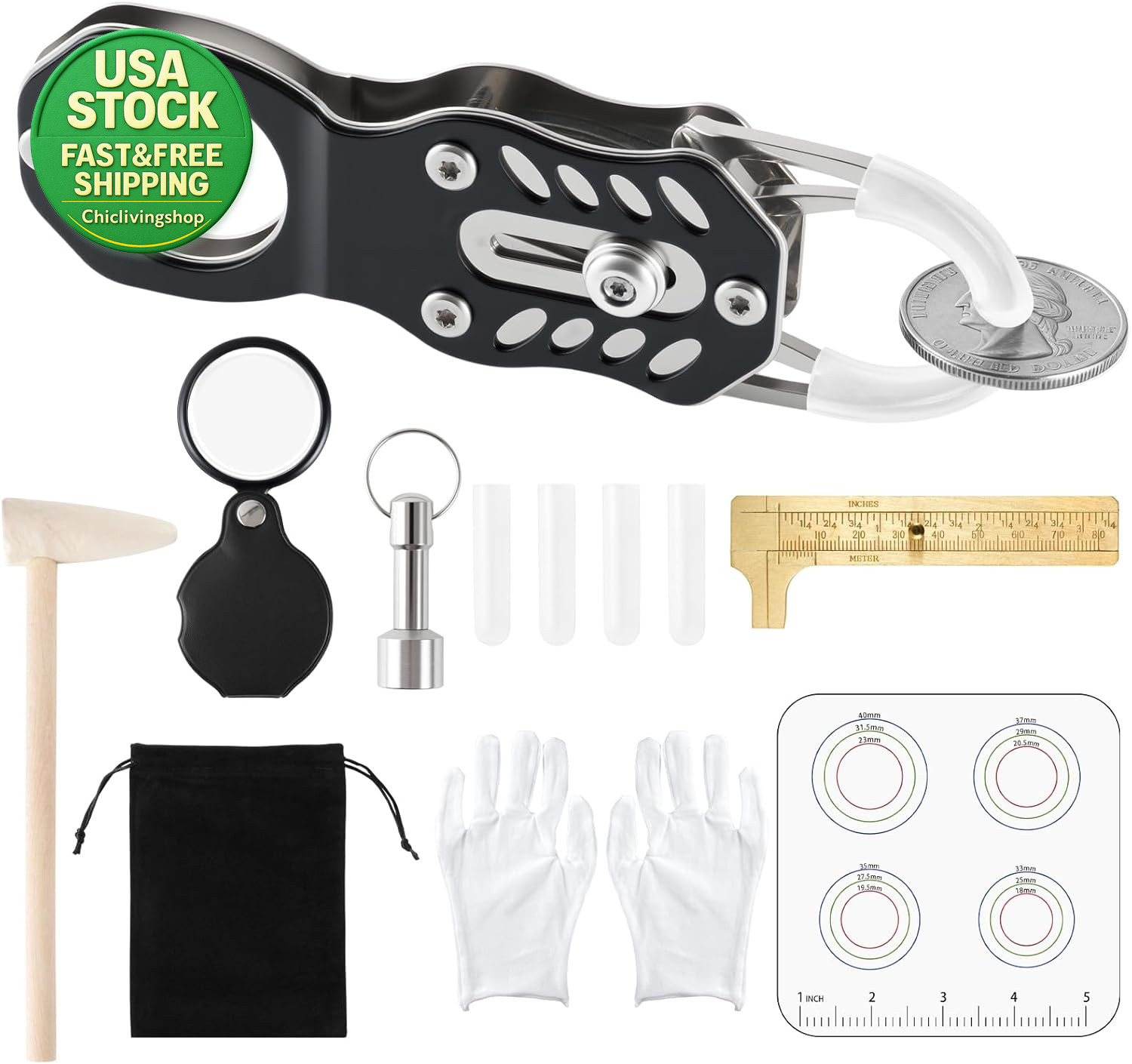 Coin Testing Kit for Silver Gold Coins Portable Pinger Magnet Measuring Caliper