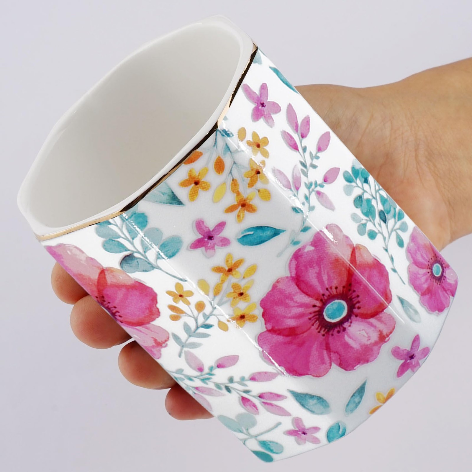 Pen Holder, Makeup Brush Holder Ceramic Shiny Gold Spring Floral Pattern Penc...