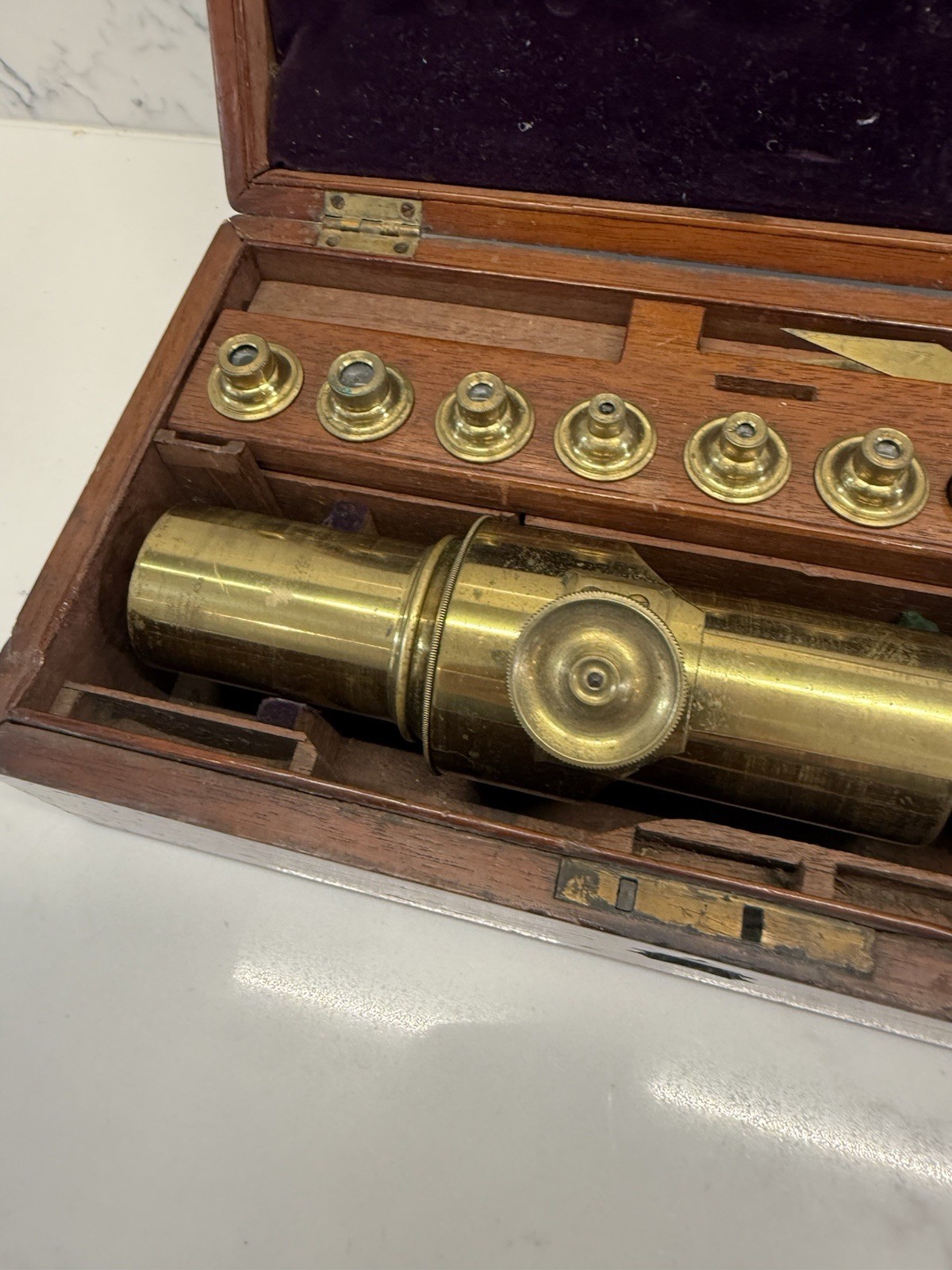 Victorian Brass Cylinder Microscope & Accessories In Original Wood end Case