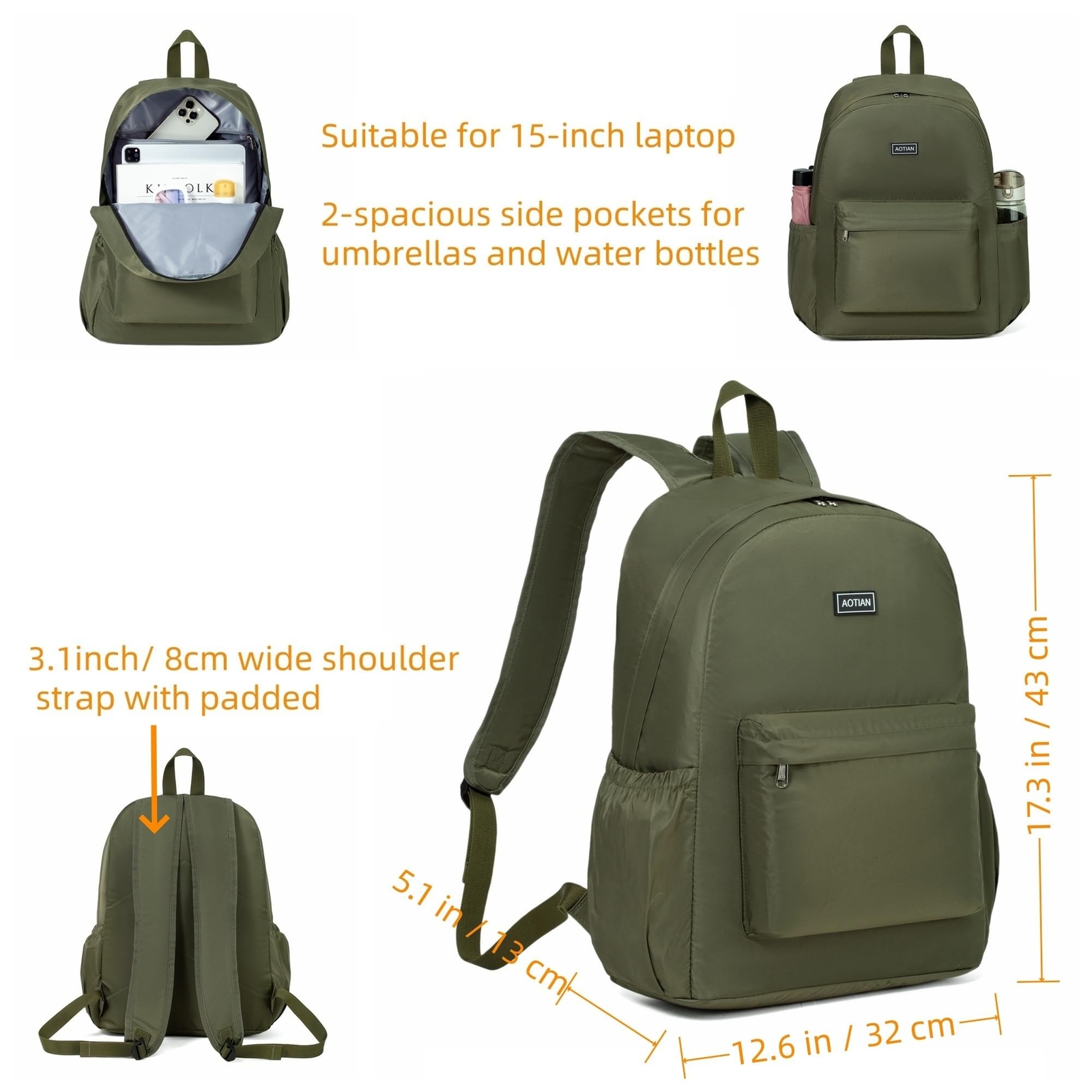 AOTIAN Durable 17 Inch Daypack Nylon Fabric Water Resistant Lightweight Backp...