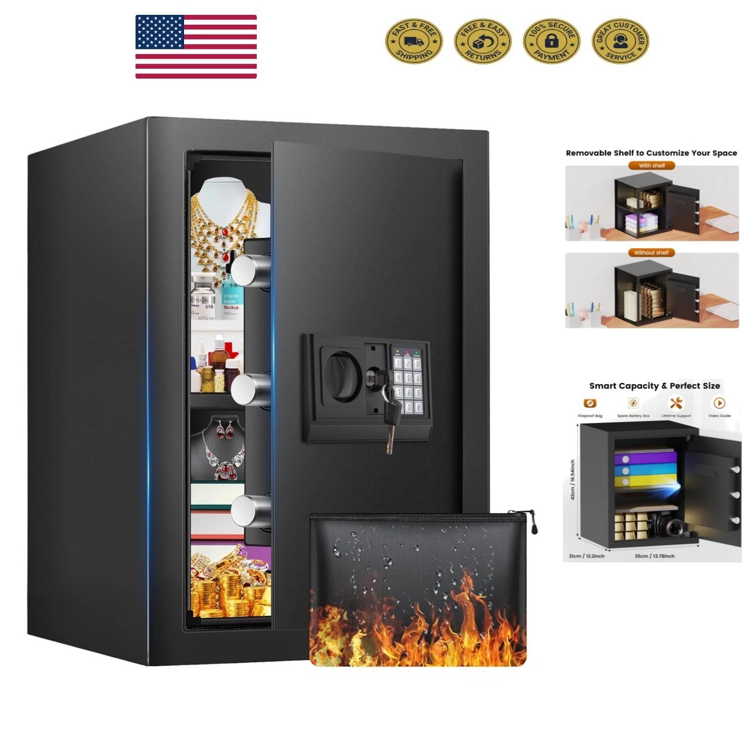 Elegant 16.54" Tall Security Safe with Fireproof Bag & Anti-Theft Lock System