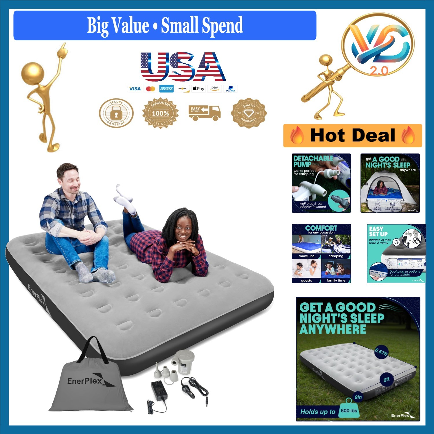 Camping Queen Air Mattress with Pump Waterproof Portable Bed Grey