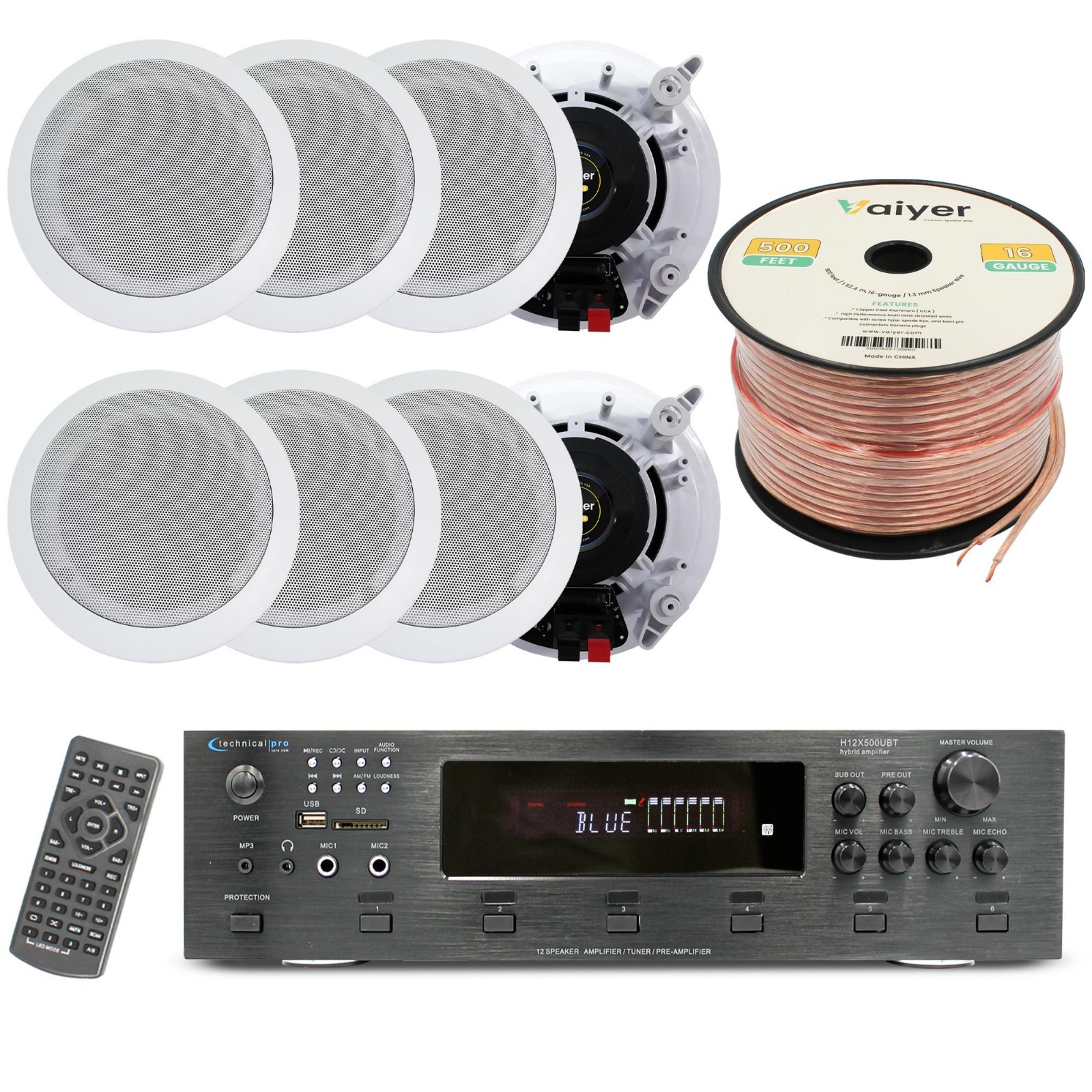 Vaiyer 6000W 6-Channel Bluetooth Amplifier w/ 8 x 6.5" In-Ceiling Speakers Kit