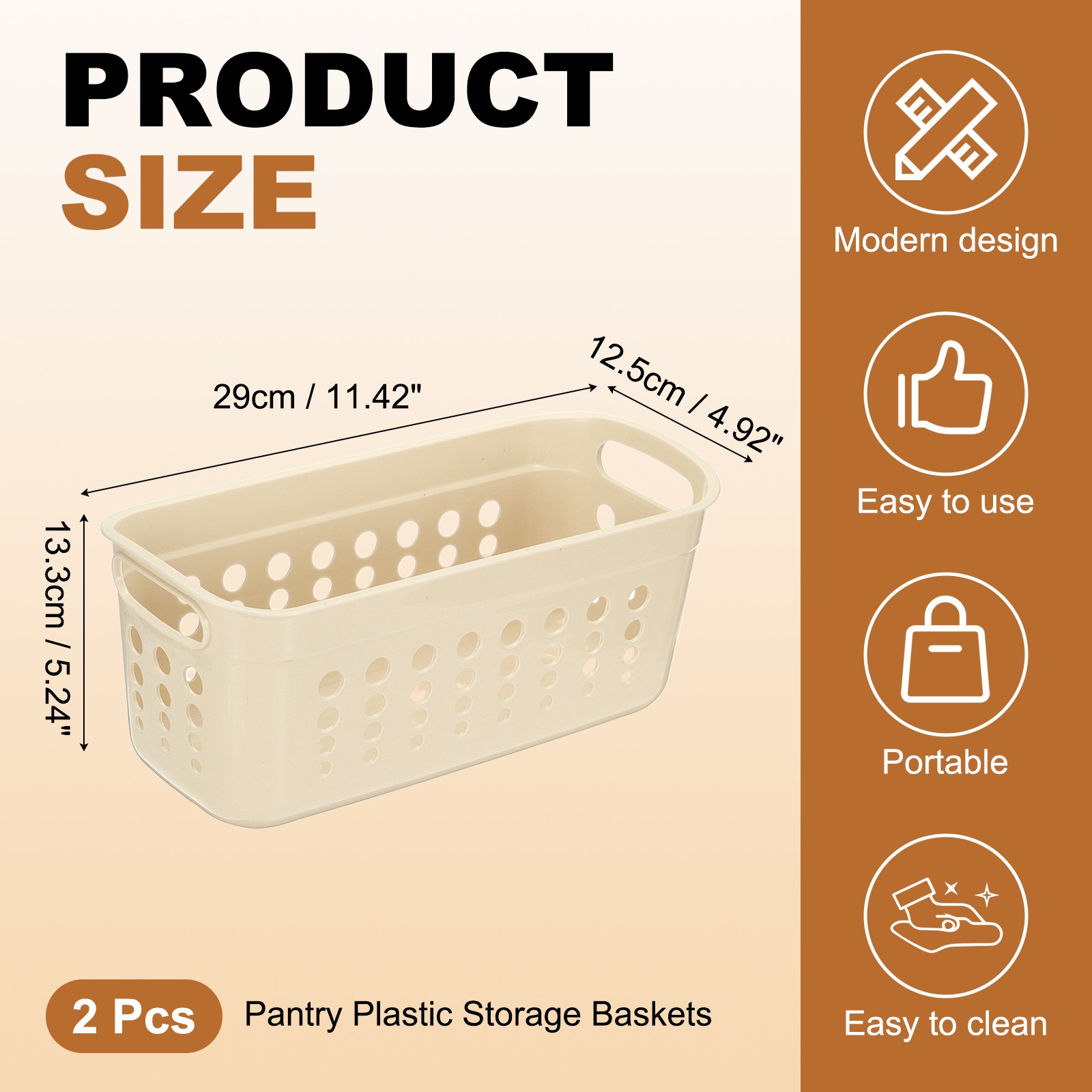 2Pack 11.42x5.24x4.92" Pantry Plastic Storage Baskets Beige