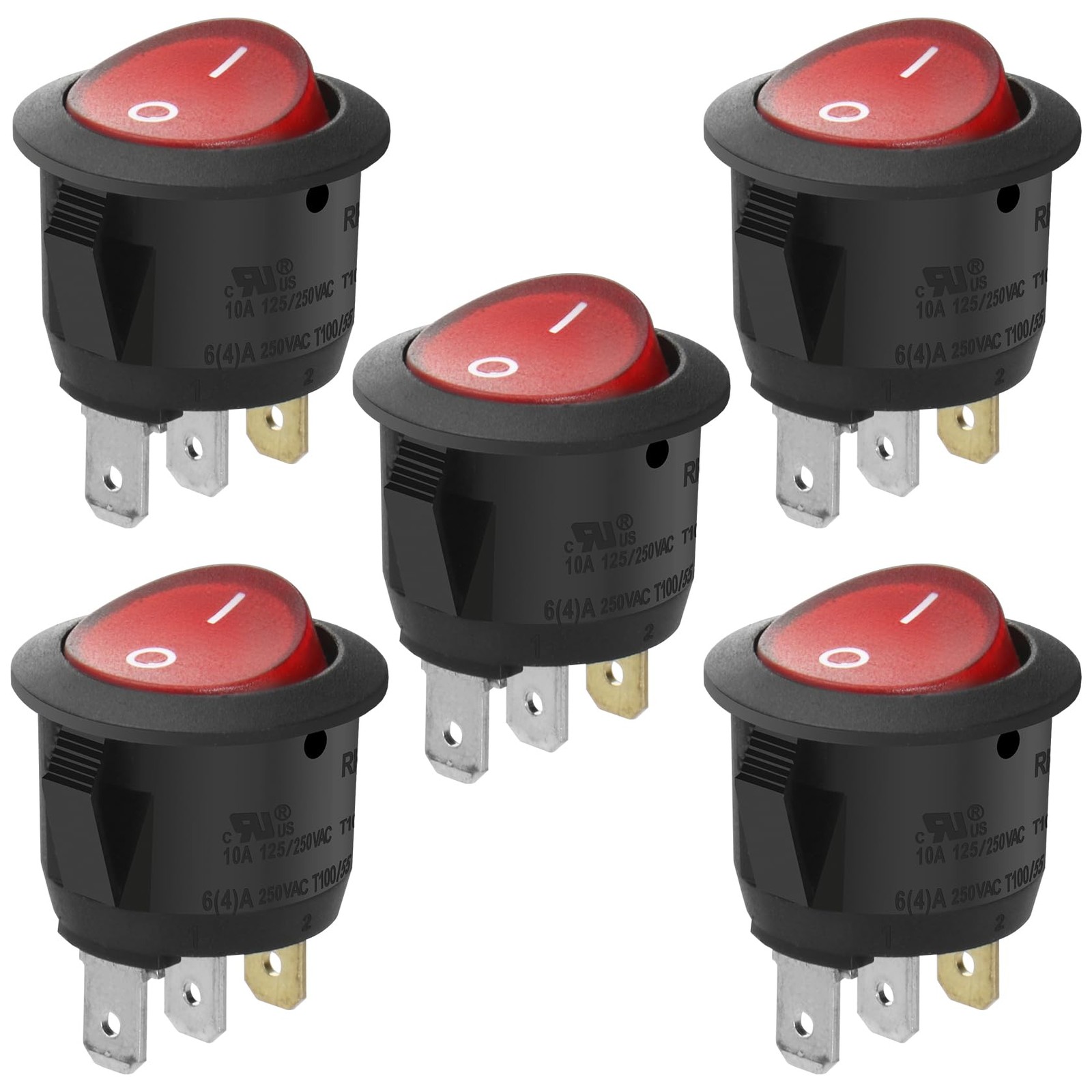 Heschen Round Rocker Switch ON-Off SPST 3 Terminals Red Light 5 Piece,