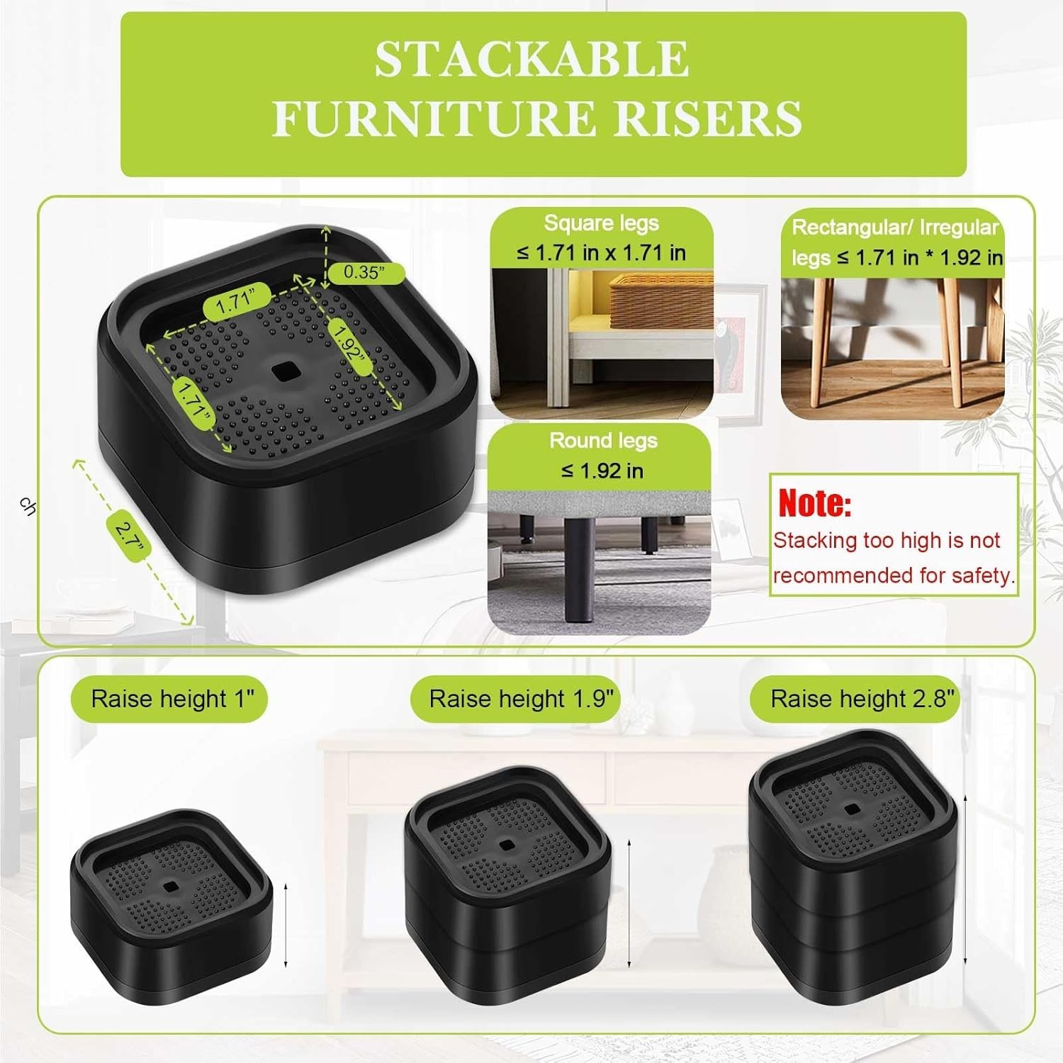 Versatile Furniture Elevators - 4 Pack Adjustable Risers, Easy to Install