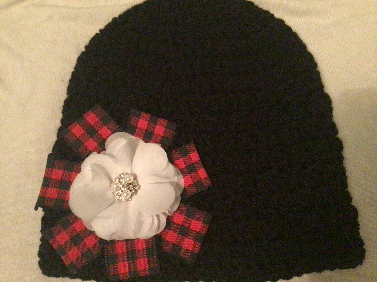 New!! Black w/ Red & Black Ribbon Stylish Crochet Woman’s Fashion Hat Beanie