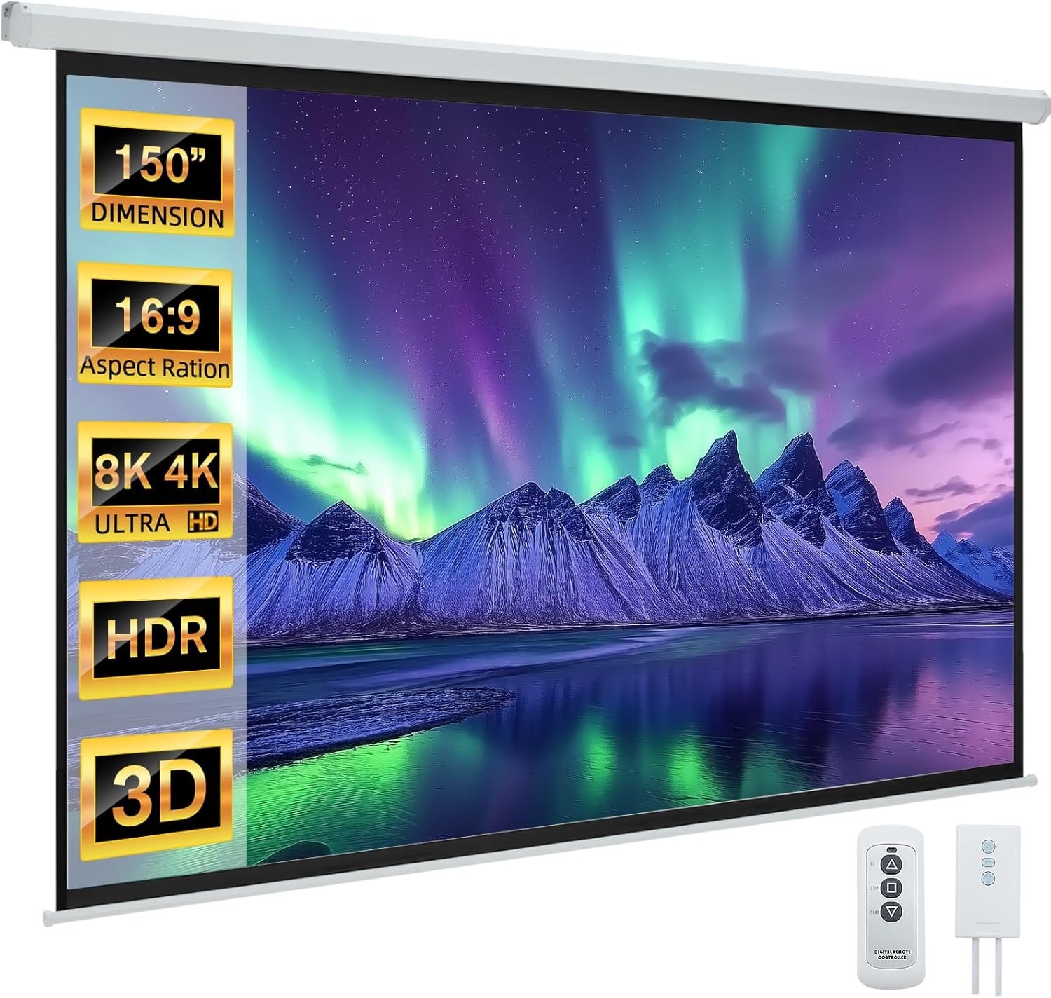 150" Projector Screen Motorized 16:9, 4K HD Pull Down 150 INCH 16:9