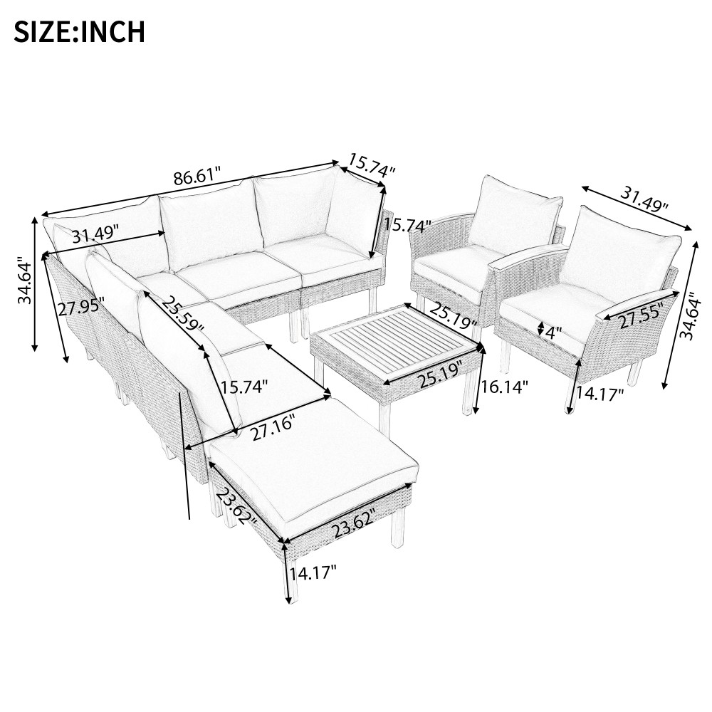 9-Piece Patio Furniture Set, Gray PE Rattan Sectional Sofa w/ Table