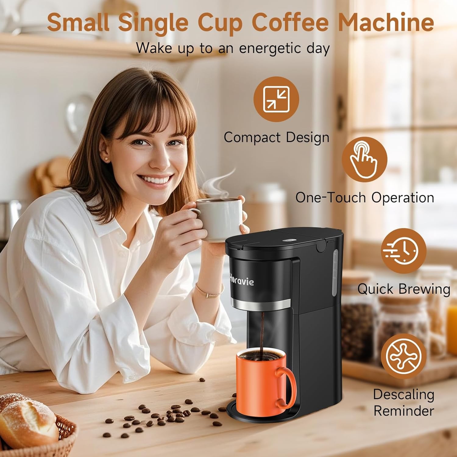 "Small Single Serve Coffee Maker, K-Cup & Grounds, 6-12oz, Black"