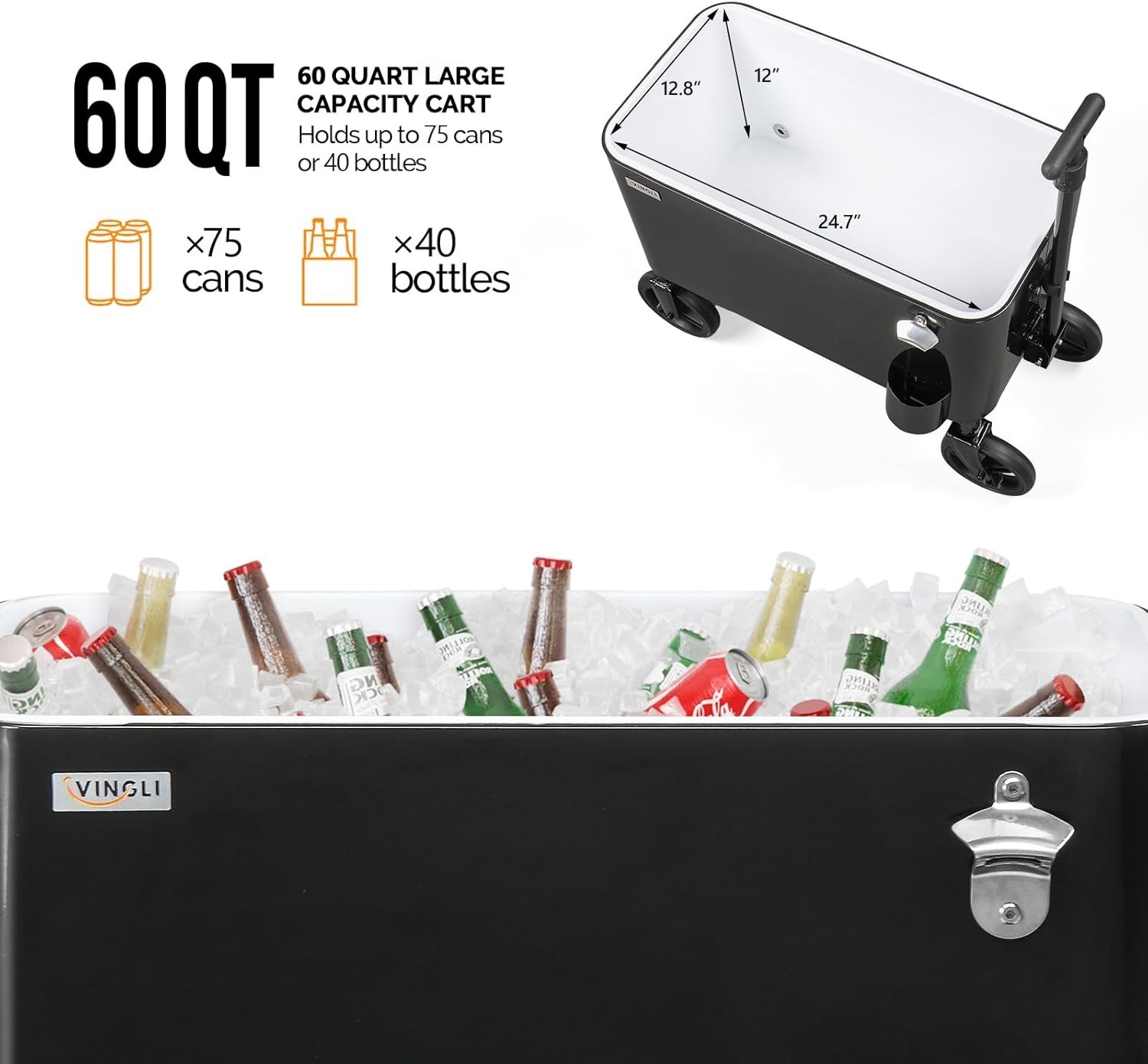 80 Quart Rolling Cooler Ice Chest with Wheels and Long Handle Black