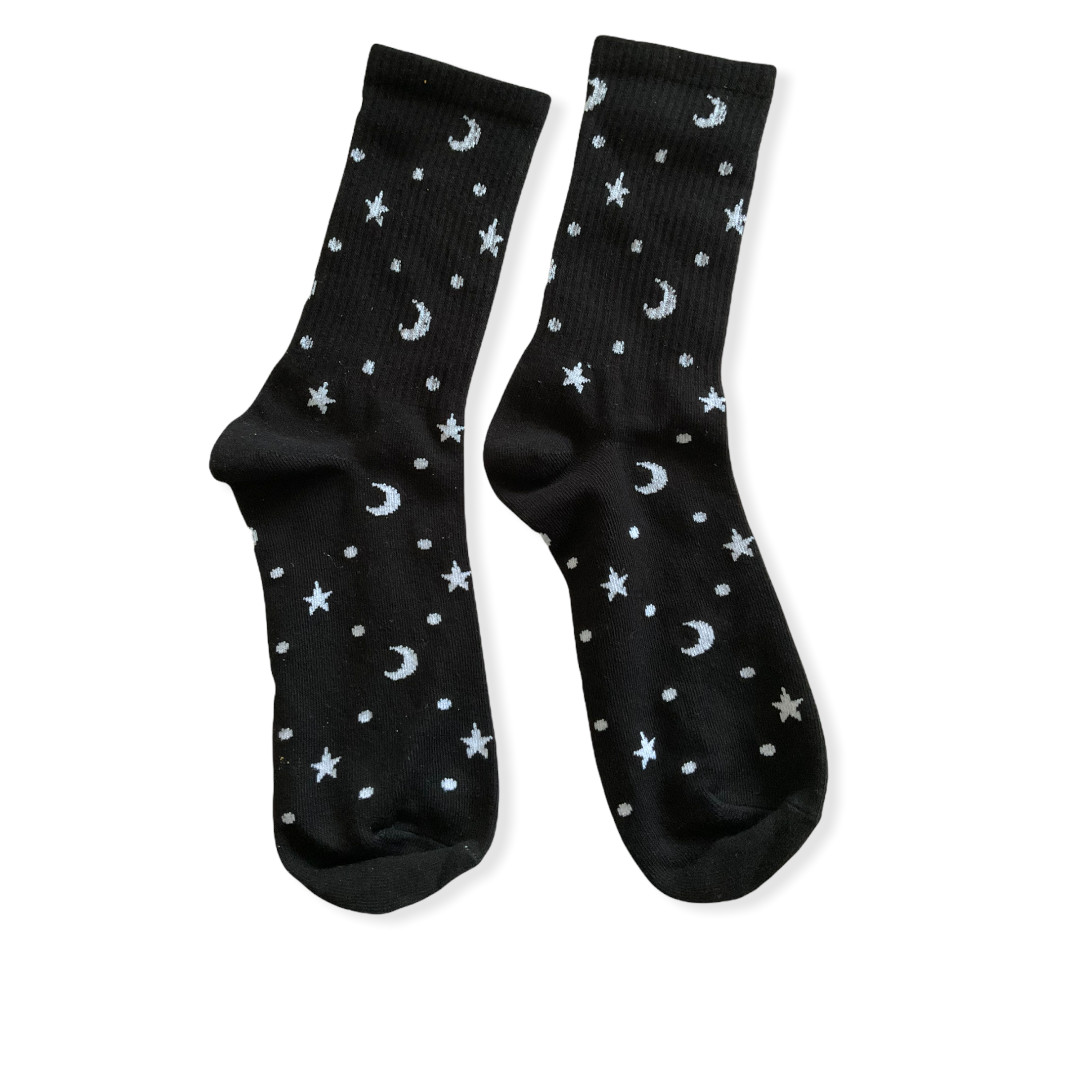 Pair of Crescent Moon & Stars Black Socks