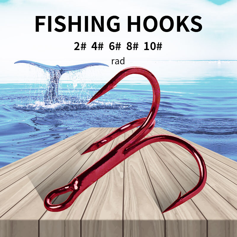 100PCS 2# 4# 6# 8# 10# Steel Treble Fishing Hooks Sharp Durable Barbed Red Hook
