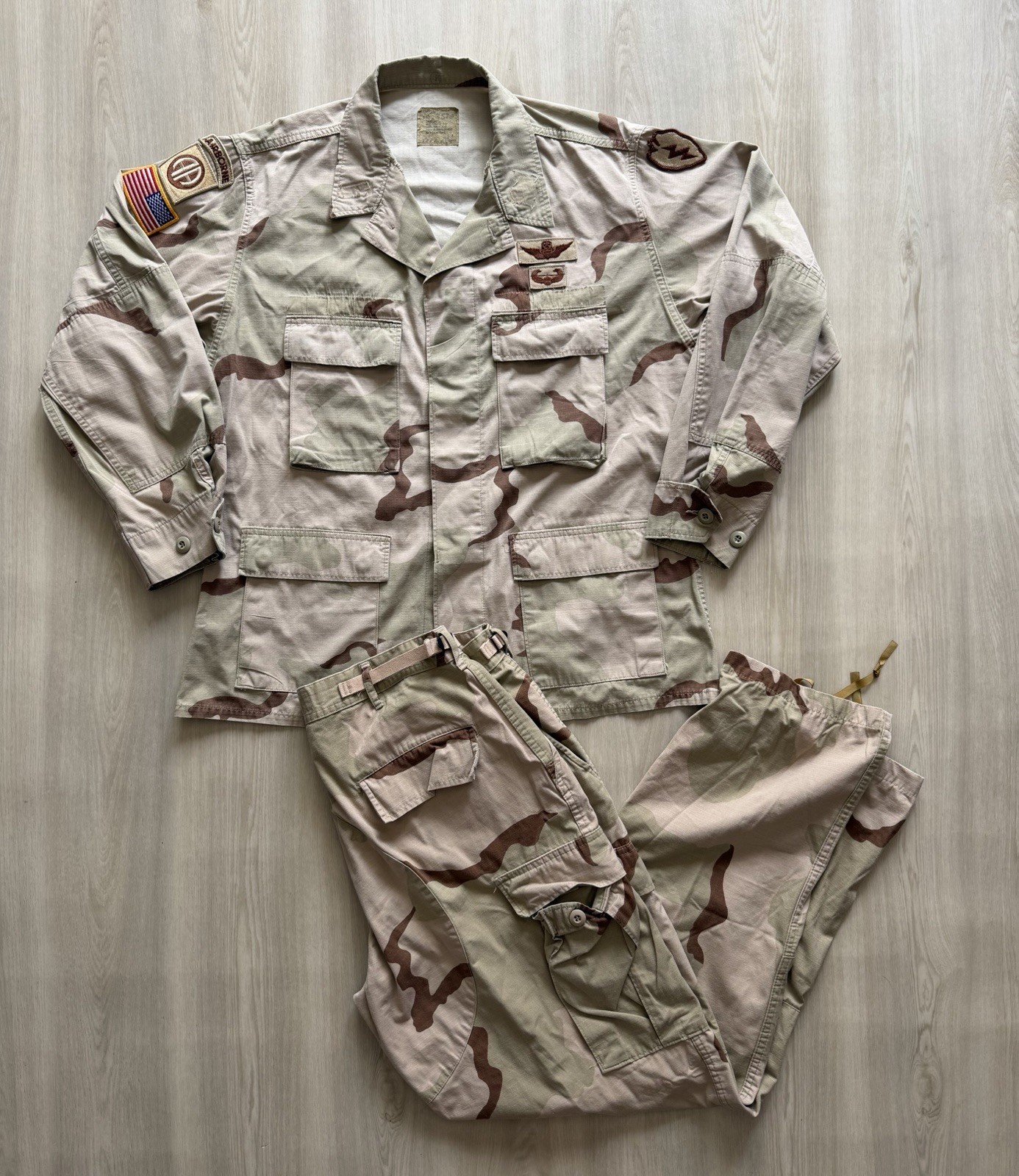 Vintage Y2K Military Airborne Desert Camo Jacket & Pants w/ Patches Sz L Cargo