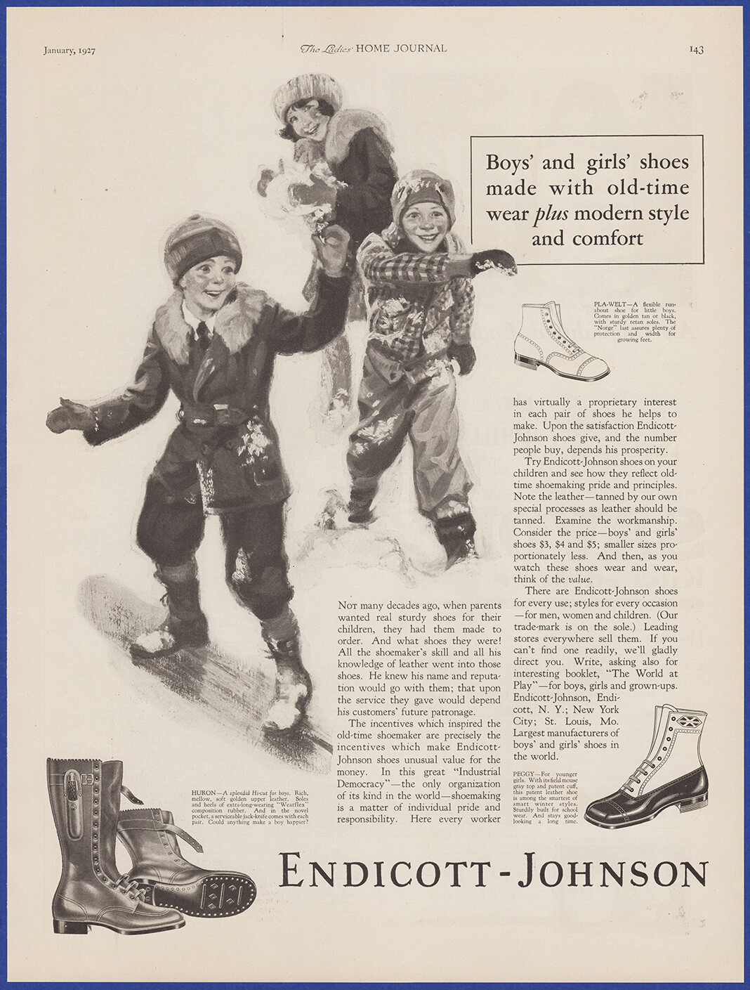 Vintage 1927 ENDICOTT JOHNSON Children's Shoes Fashion Winter Art 20's Print Ad