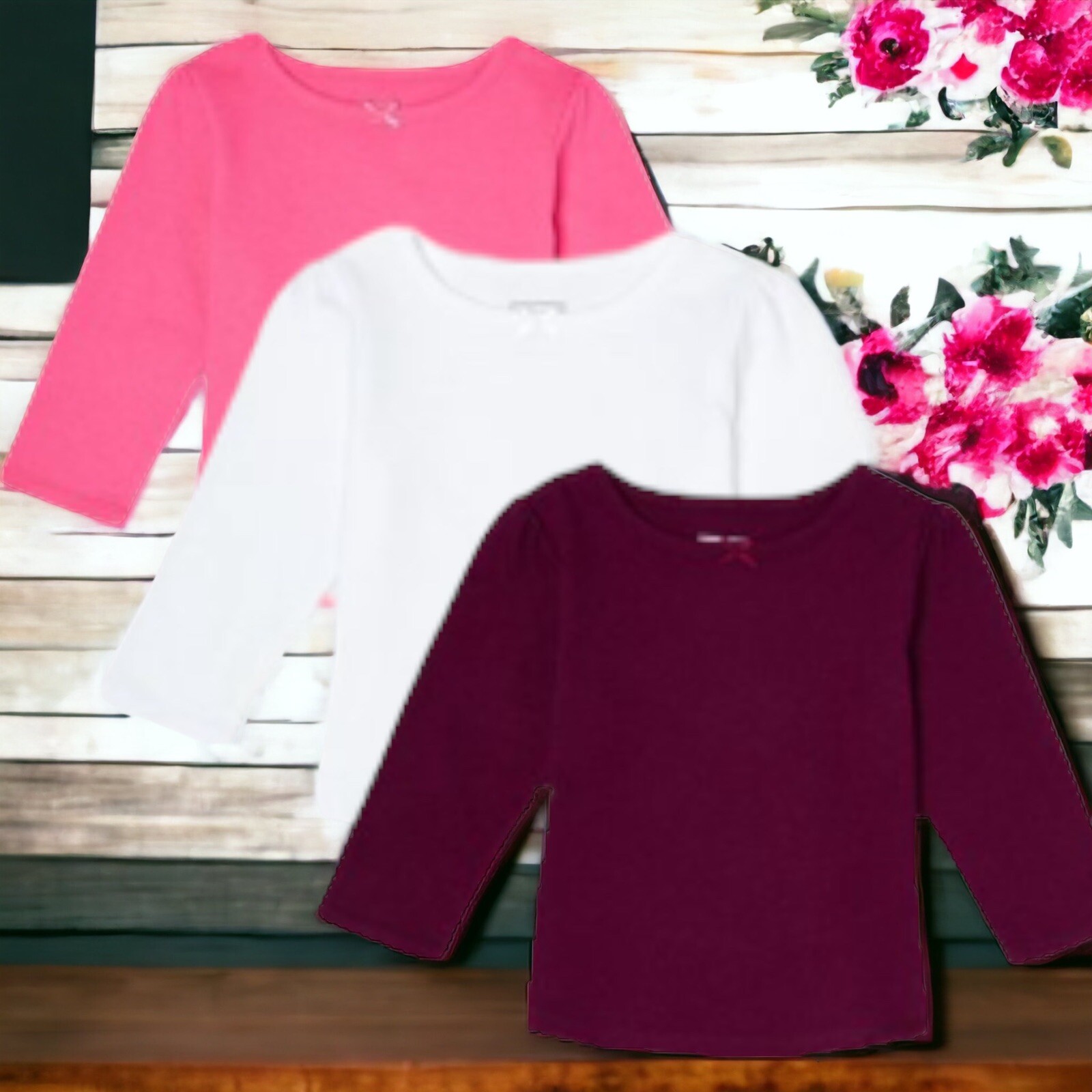 3 Baby Girl 6/9M Garanimal Long Sleeve Soft Tees White Pink Burgandy Tops Shirts