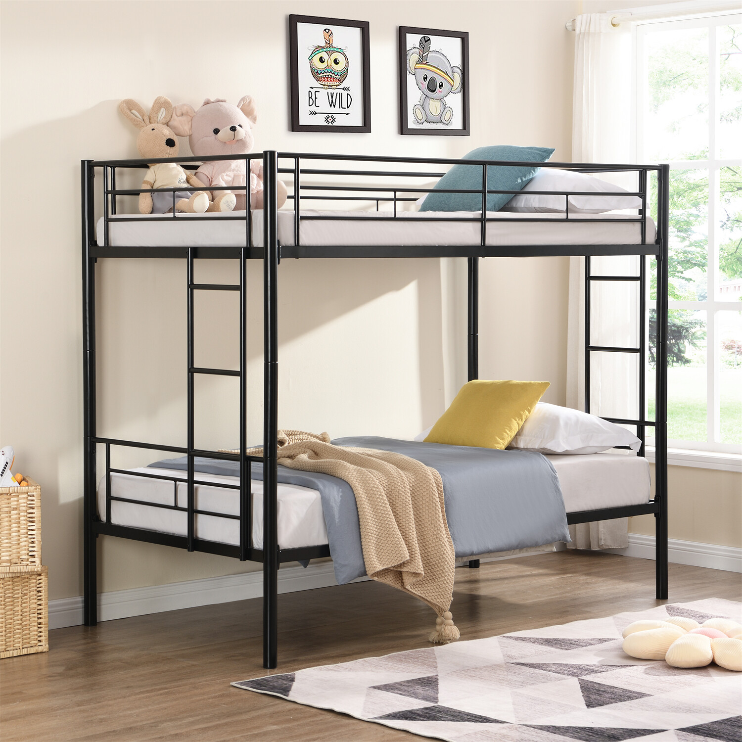 Twin Over Twin Metal Bunk Bed Twin Size Metal Bed Frame with 2 Ladders