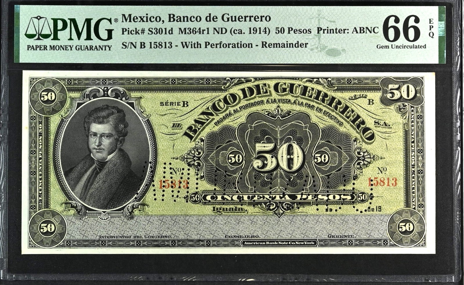 M364r1 Mexico Banco de Guerrero 50 Pesos Remainder ND P S301d PMG Gem UNC 66 EPQ