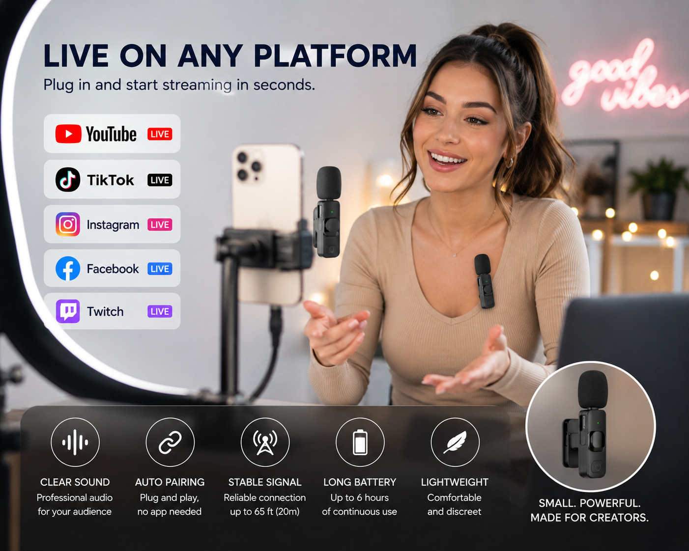 3 in 1 Wireless Clip-on Microphones for iPhone, Camera, Android, iPad