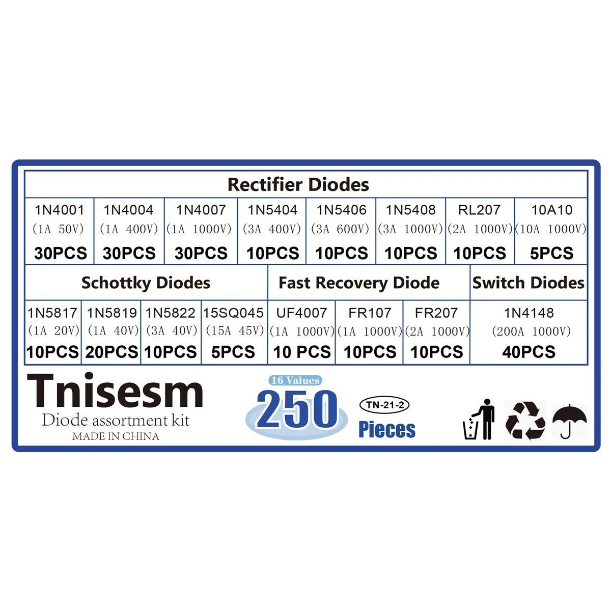 250 Pcs 16 Values Rectifier/Schottky/Fast Recovery/Switch Diode Assortment Kit,1