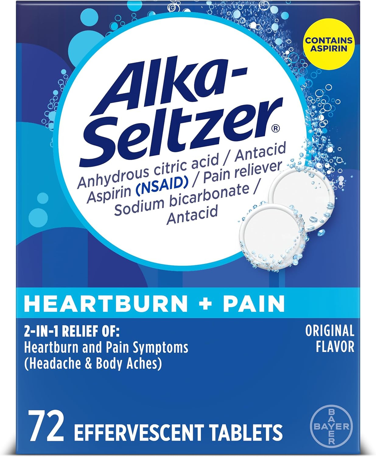 Alka-Seltzer Heartburn + Pain Effervescent Aspirin + Antacid Tablets, Fast Heart