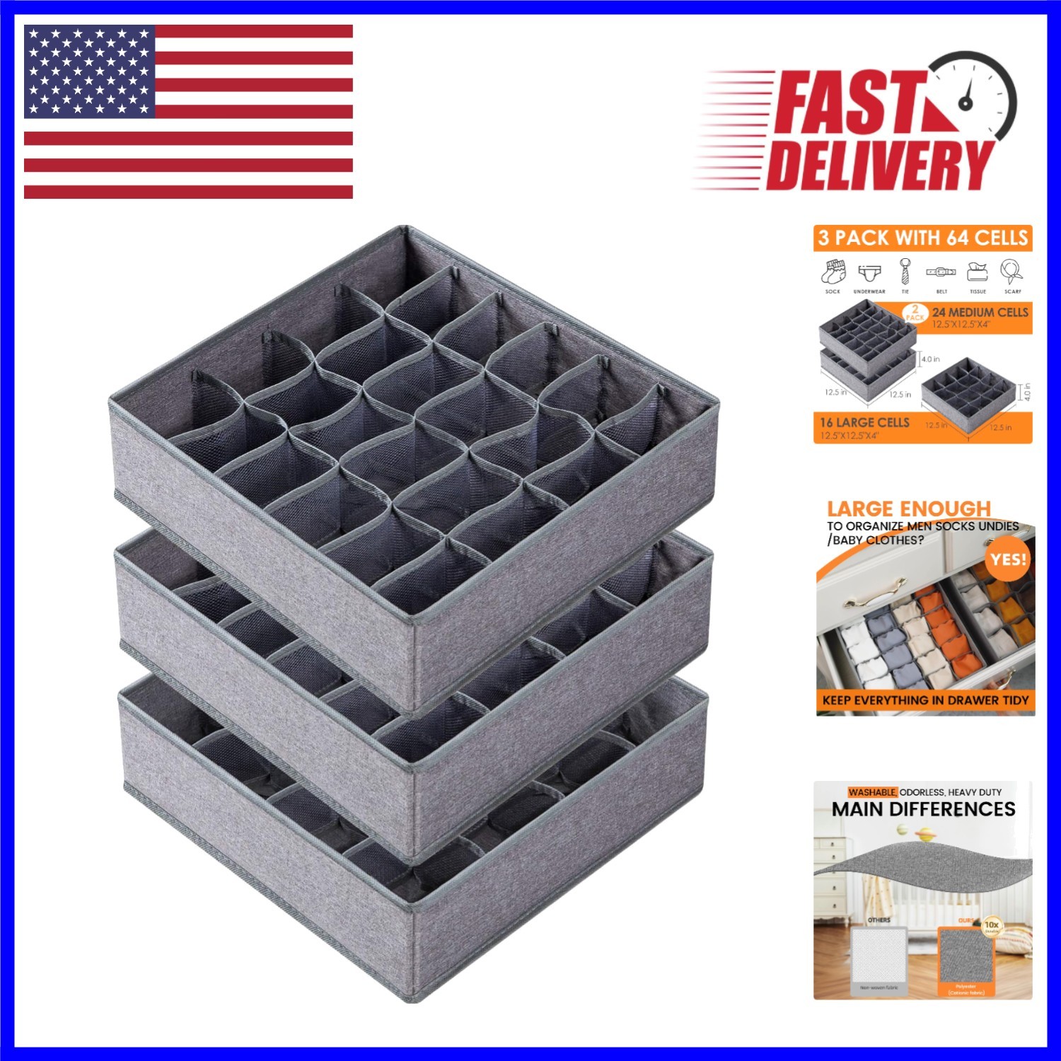 Versatile 3 Pack 64 Cell Gray Drawer Organizers for Socks, Underwear & More
