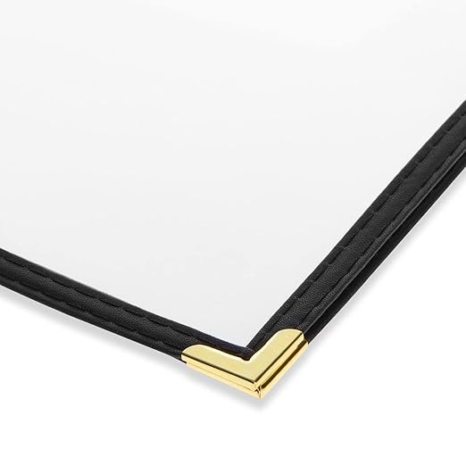 Portamenús 8x11'' PU Negro 4 Vistas con Esquinas Doradas, Pack 12