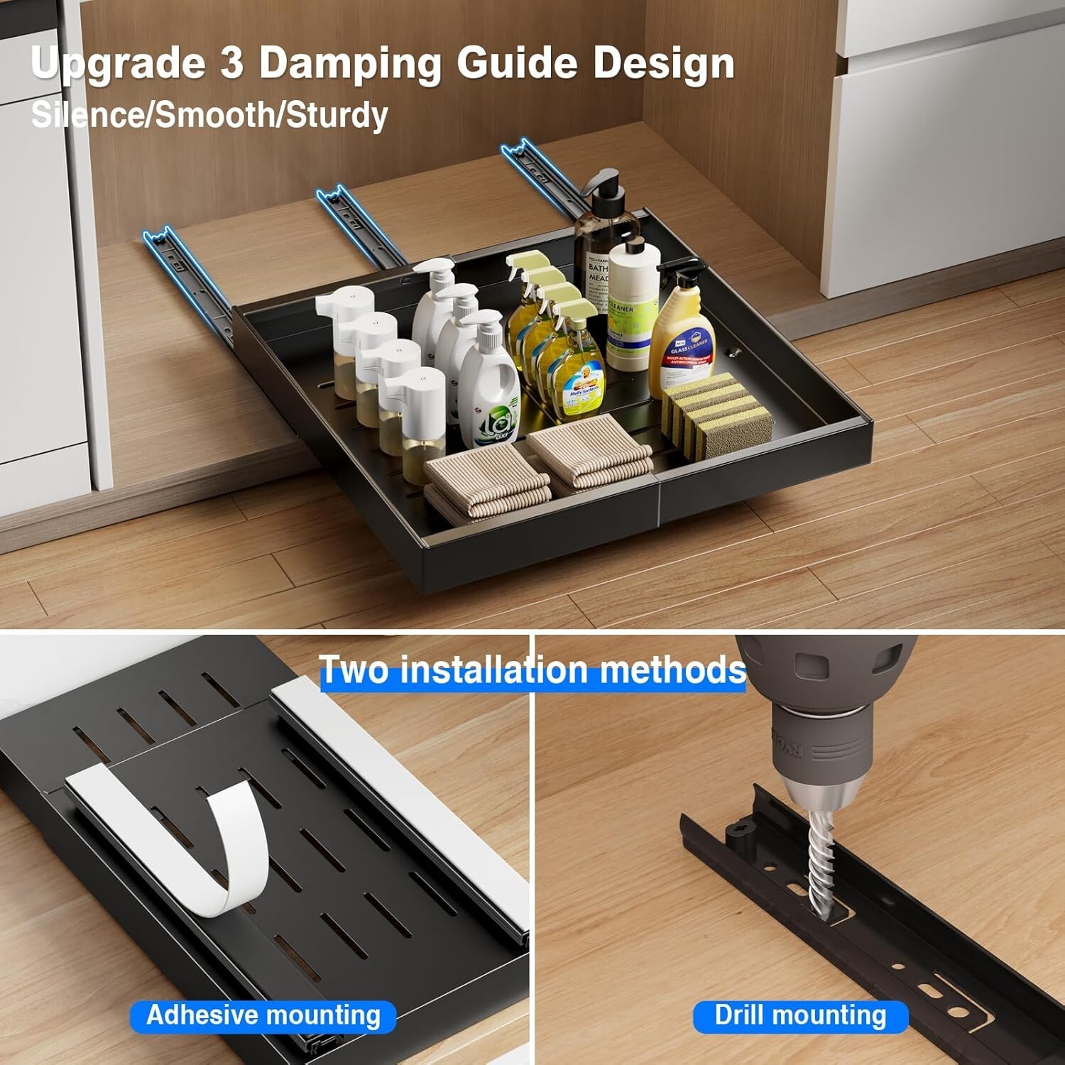 2 Pack Metal 21"Deep Slide Out Drawer for Cabinets Adhesive or Drilling Black