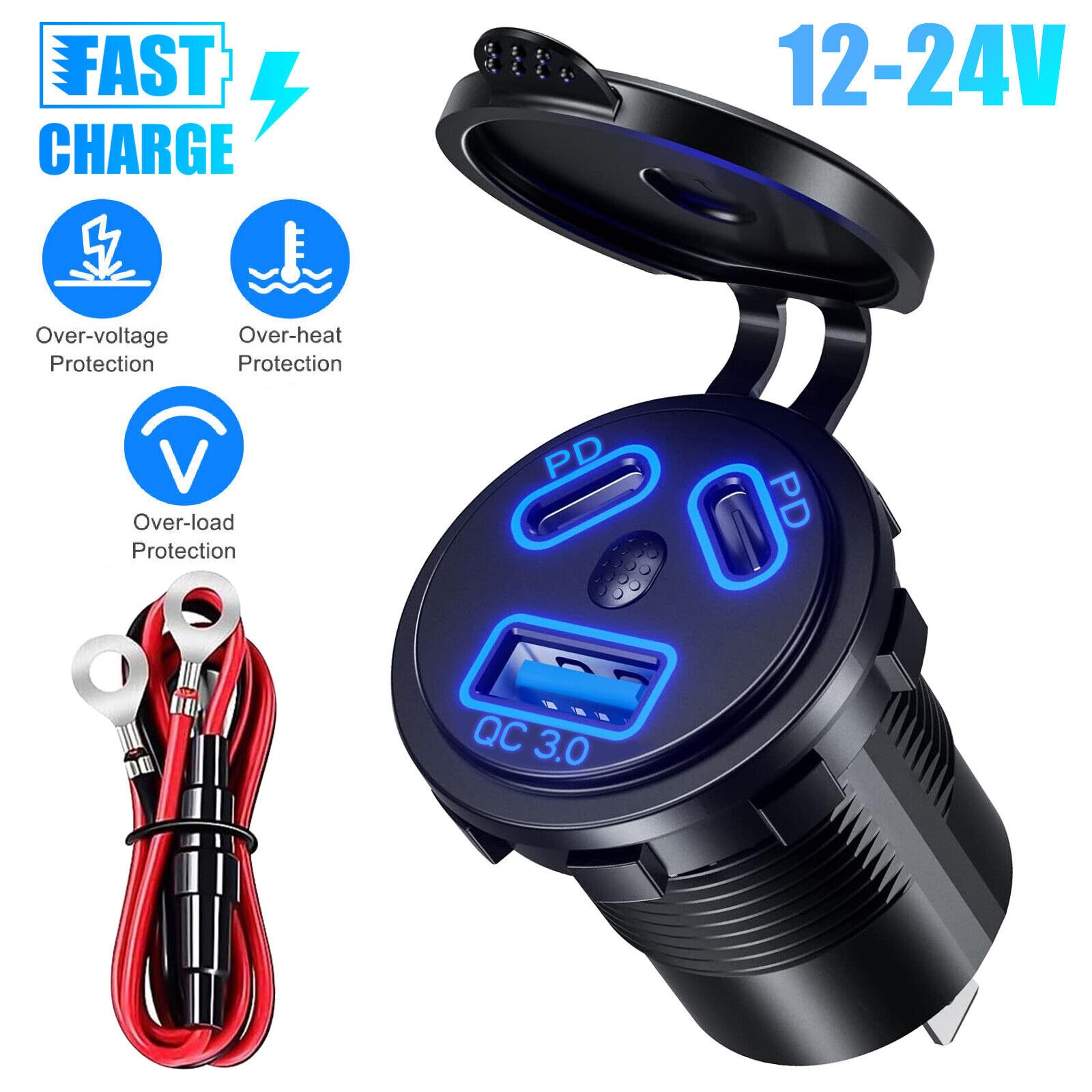 Dual PD+QC 3.0 USB Port Car Cigarette Lighter Socket Plug LED Indicator Black