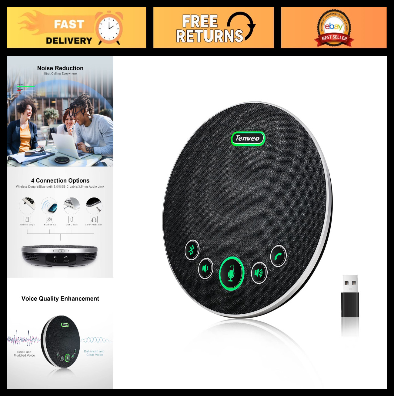 Conference Speaker Microphone - Bluetooth/USB, 4 AI Noise Mics, 360° Sound, Zoom