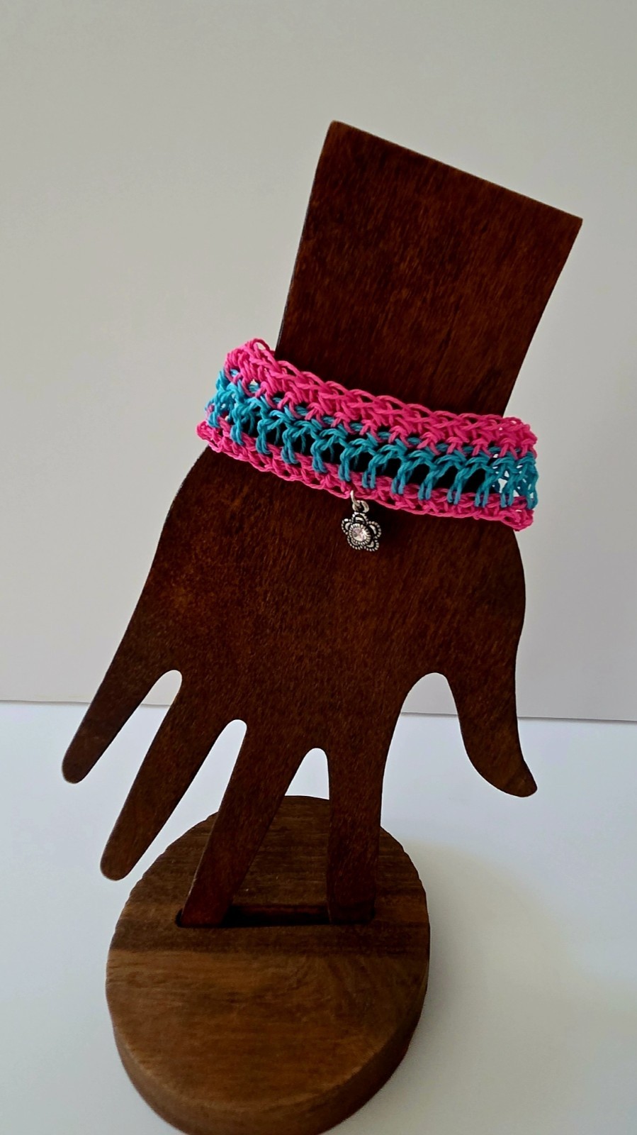 Pink Blue Cord Bracelet Adjustable Tie with Flower Dangle Charm
