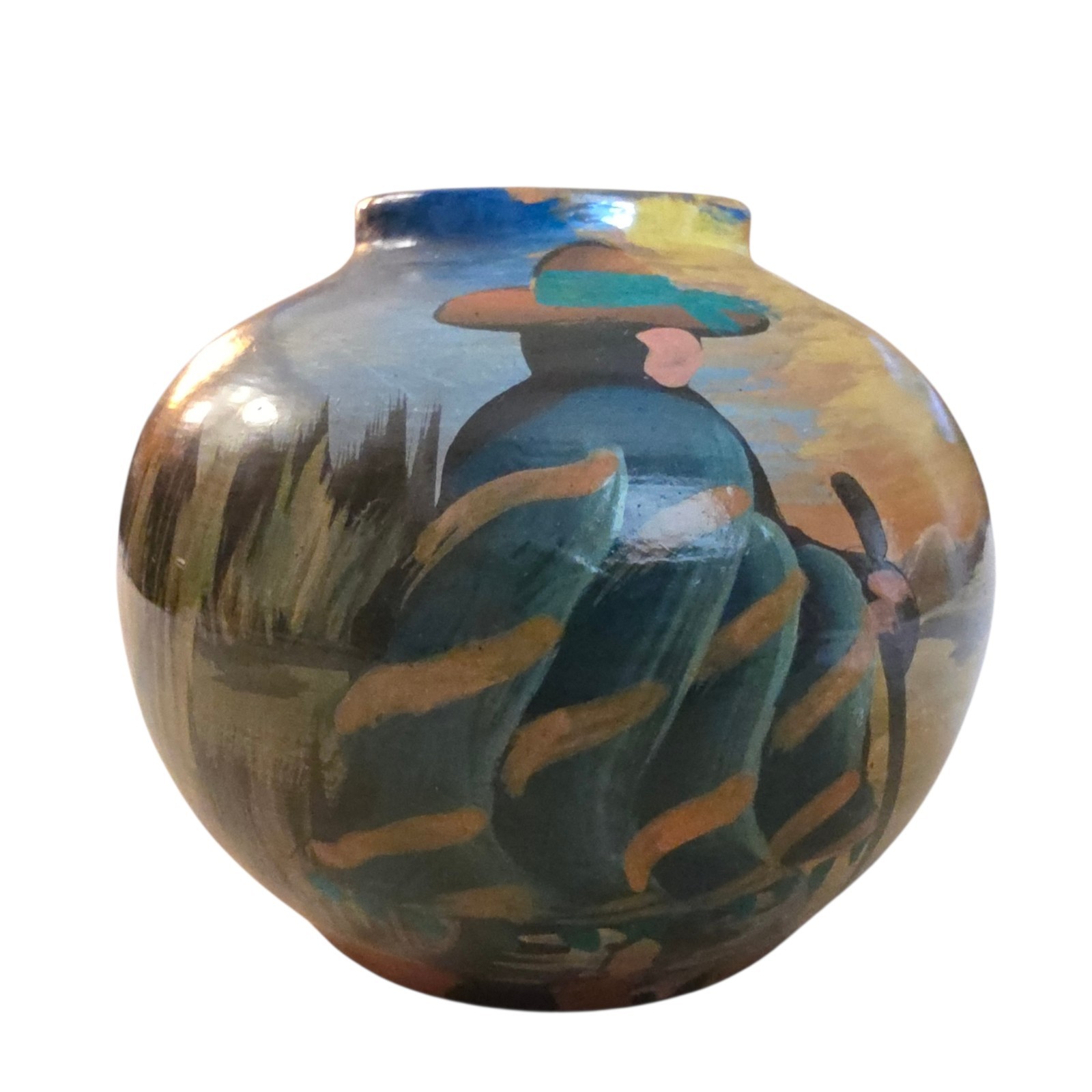 Small Ayacucho Peru Hand Painted Folk Art Pottery Vase Women Scene UNSIGNED
