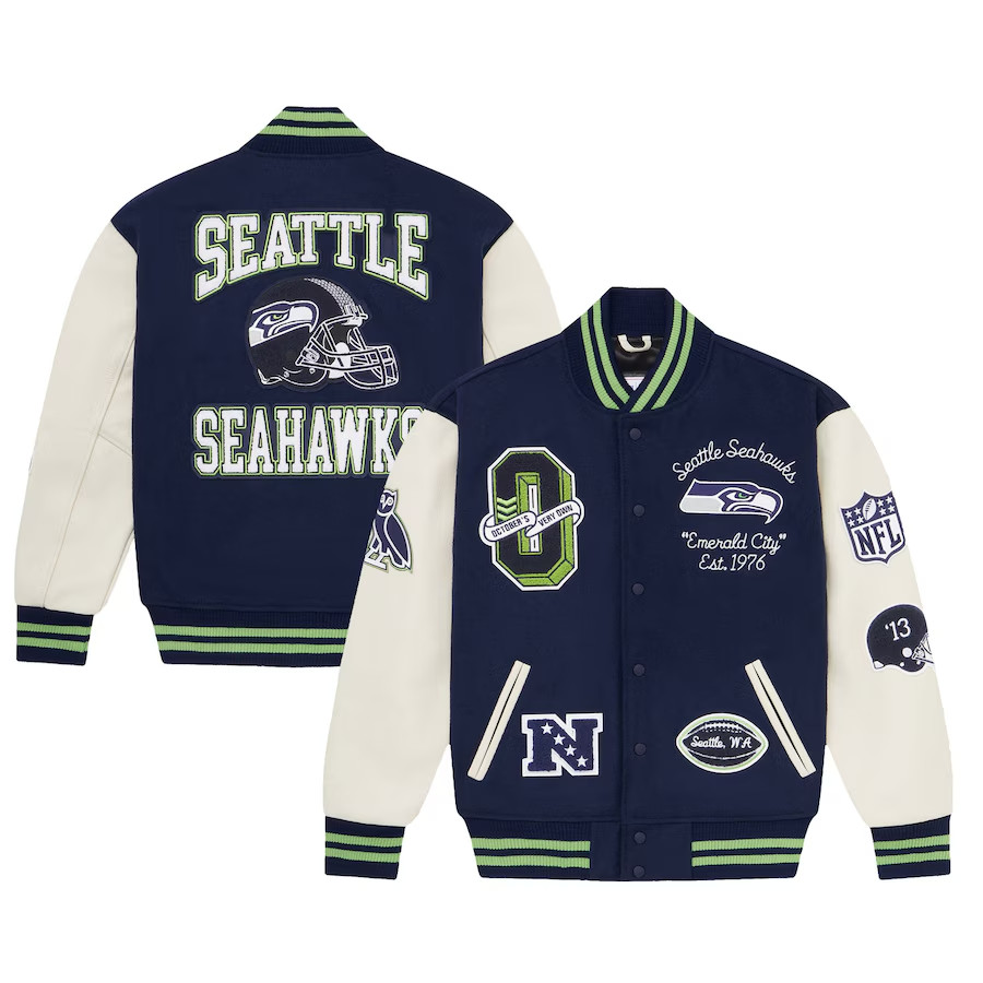 Genuine NWT Men's OVO x NFL Navy Seattle Seahawks Full-Snap Varsity Jacket - 2XL