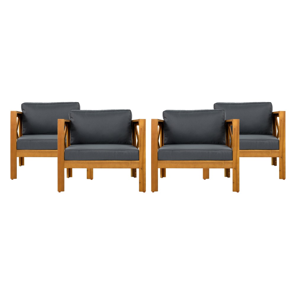 Set of 4 Weatherproof Acacia Club Chairs w/ Gray Outdoor Cushions