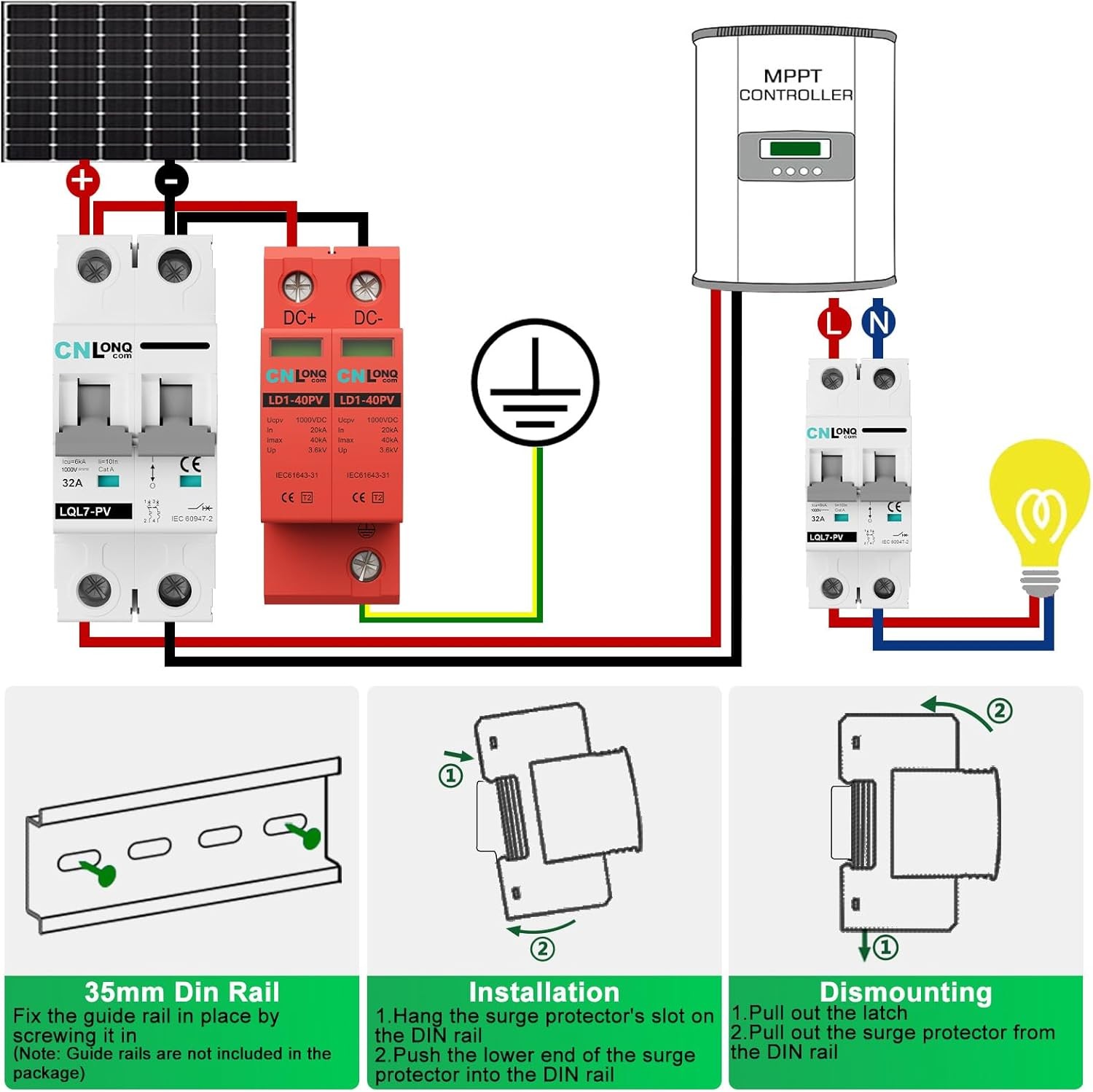 2P 40KA Voltage Surge Protector DC 1000V Solar PV Lightning Arrester Device for