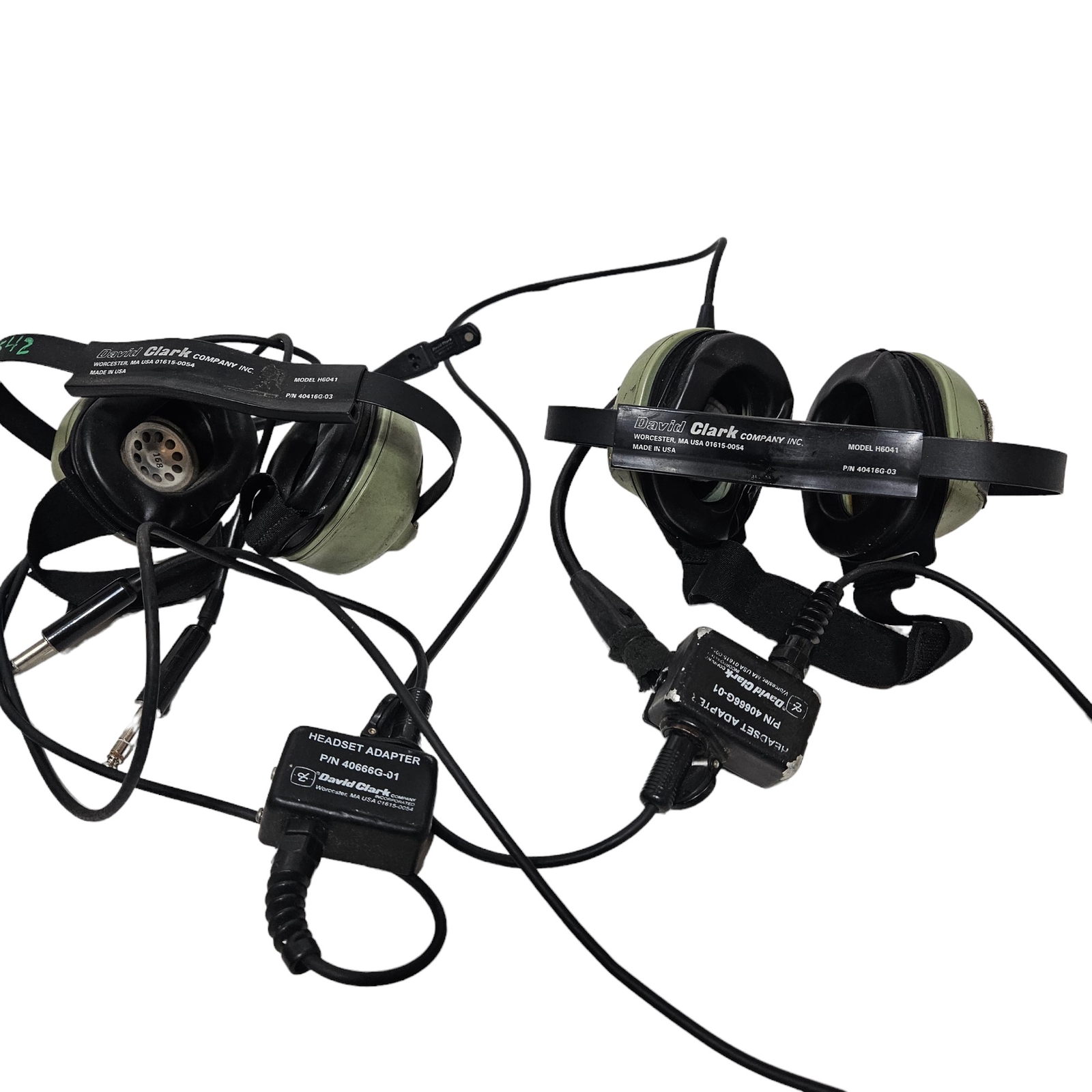 Lot of 2 David Clark H6041 Headsets Microphone 40416G-03 + 40666G-01 Adapter