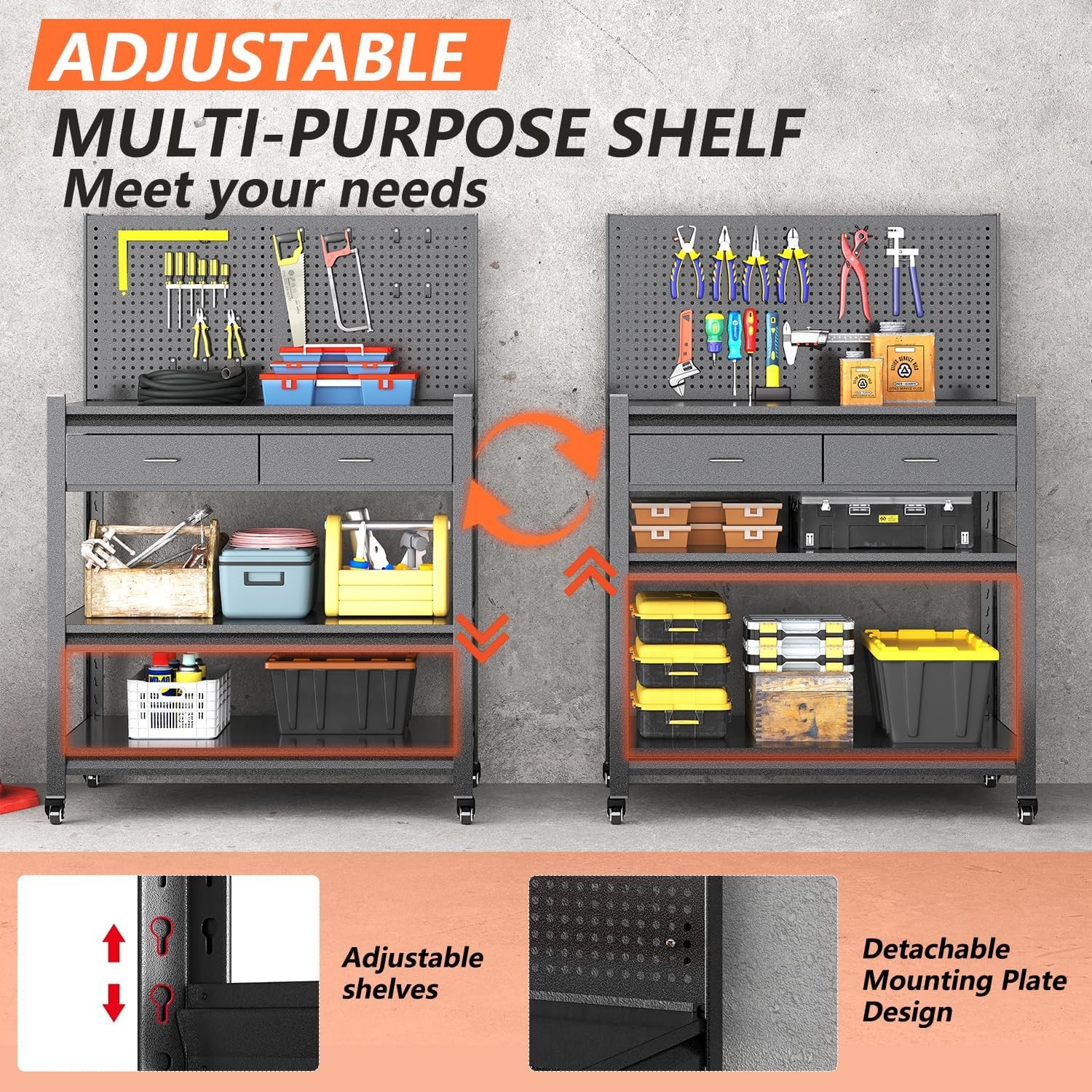 Workbench W/ Pegboard & Drawer Adjustable Shelving Work Table Mobile Workstation